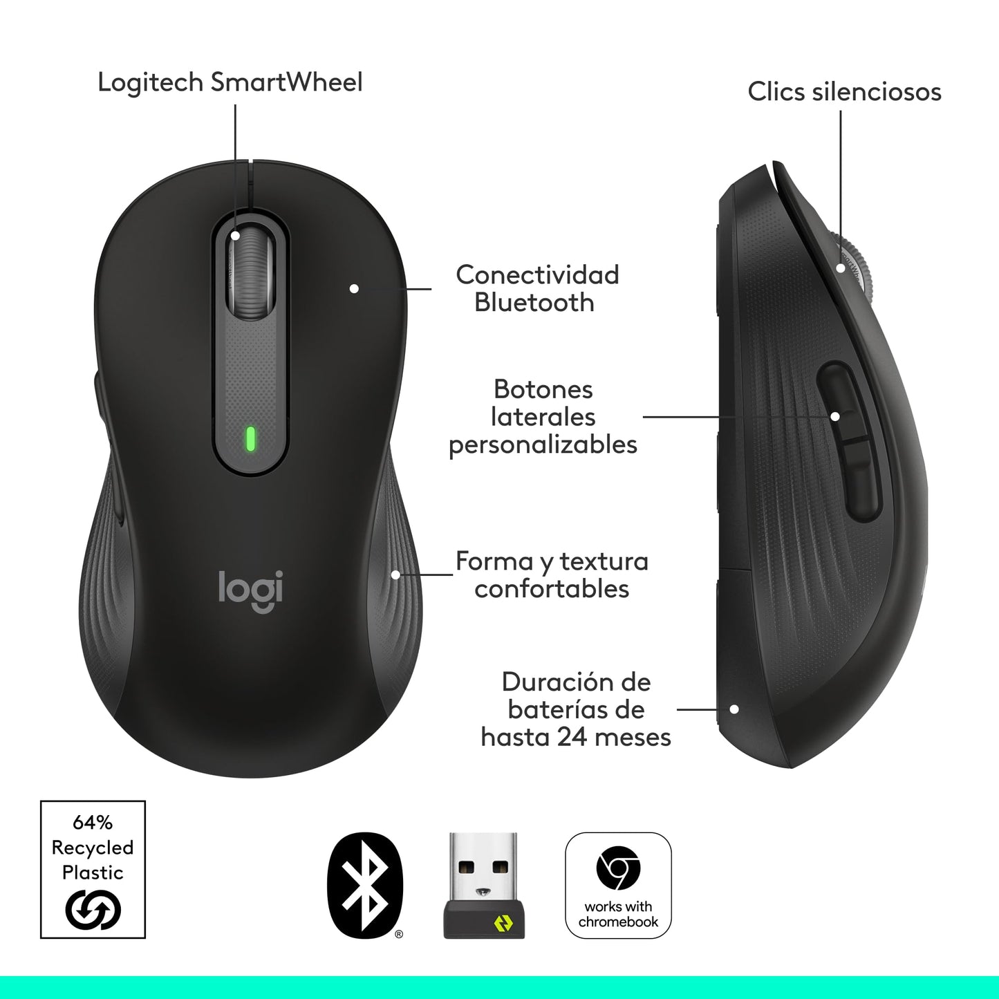 Logitech Signature M650 Mouse inalámbrico - para Manos pequeñas y Medianas, 2 años de batería, Clicks silenciosos, Botones Personalizables, Bluetooth, PC/Mac/multidispositivo/Chromebook - Grafito