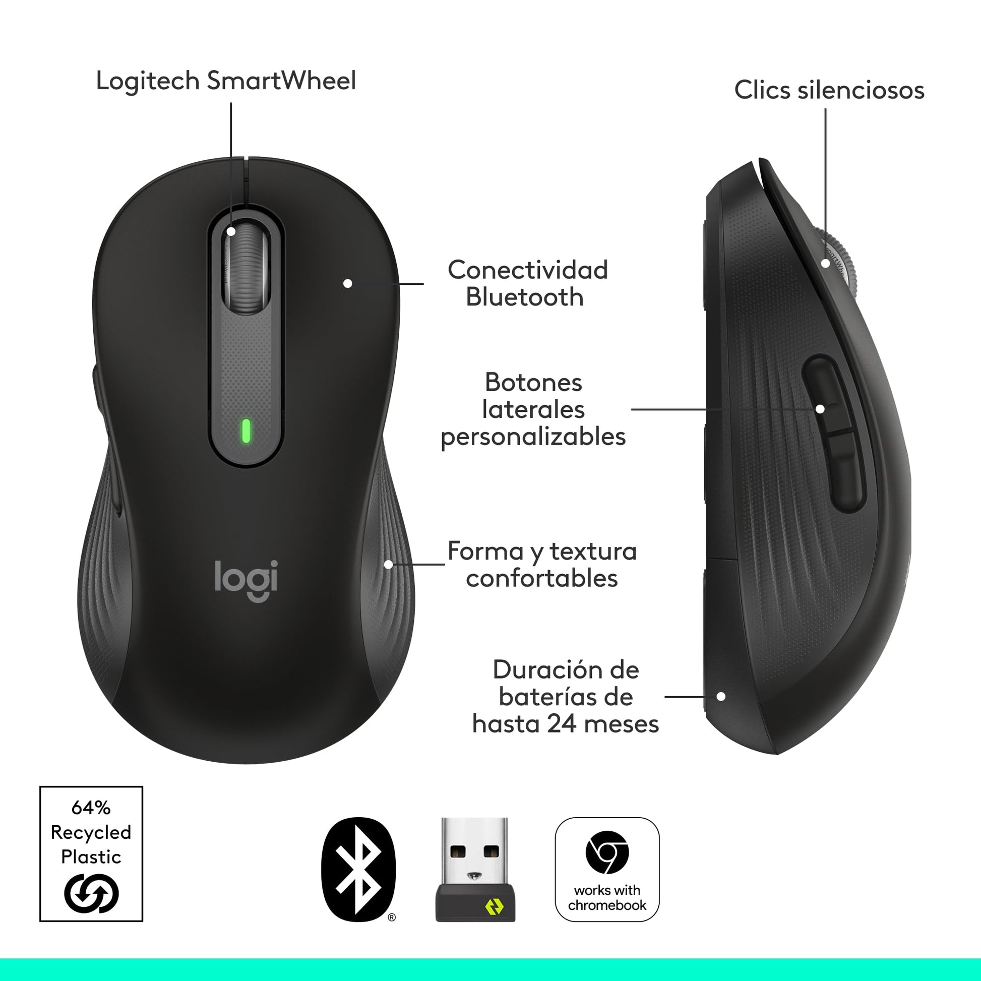 Logitech Signature M650 Mouse inalámbrico - para Manos pequeñas y Medianas, 2 años de batería, Clicks silenciosos, Botones Personalizables, Bluetooth, PC/Mac/multidispositivo/Chromebook - Grafito
