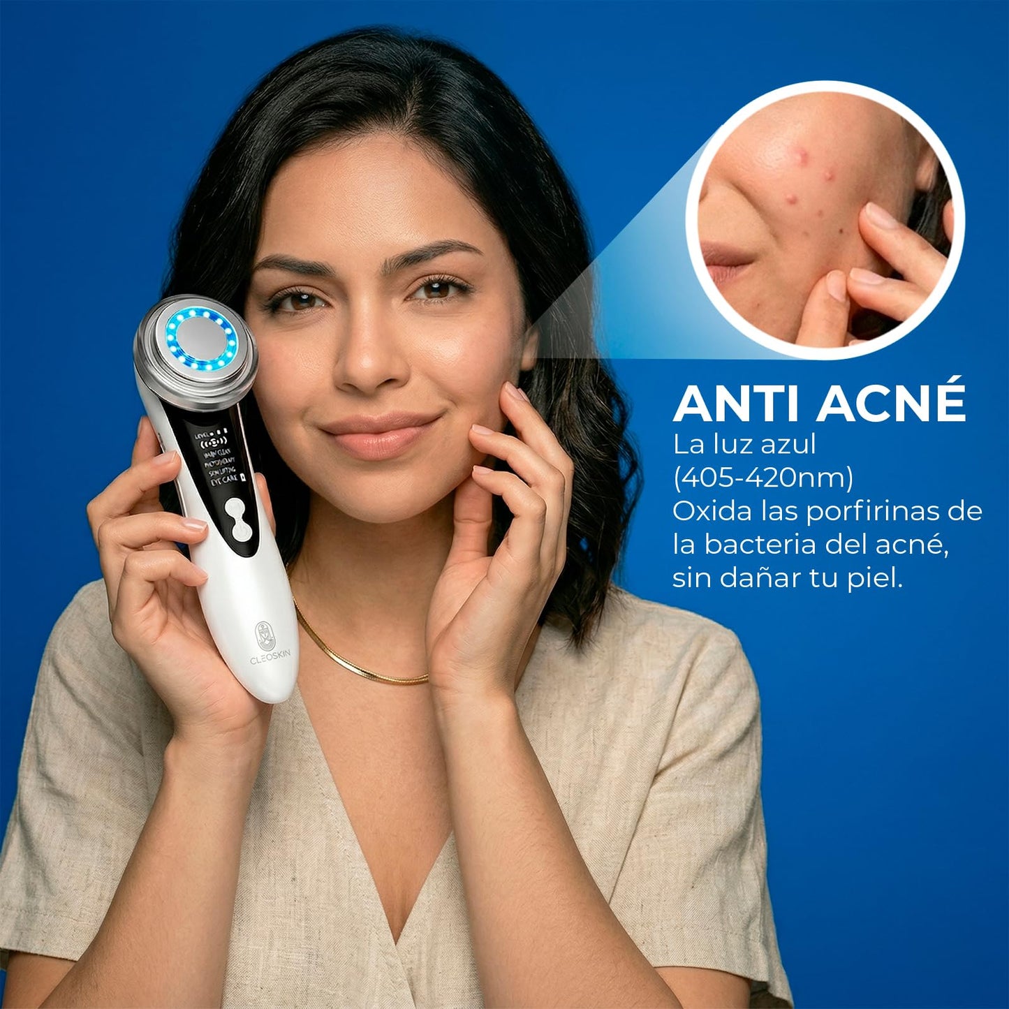 CLEOSKIN Masajeador Facial de Fototerapia Roja y Azul, warm clean, lifting facial y cuidado de ojos. Dispositivo de belleza antiarrugas