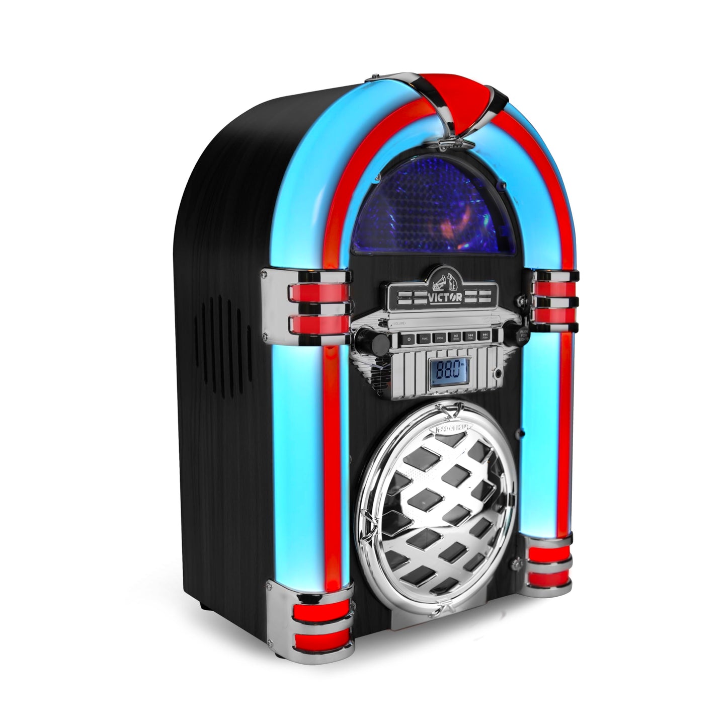 VICTOR VDTJ-1550 Broadway - Altavoz Bluetooth para computadora con Radio FM, iluminación LED Multicolor y Entrada Auxiliar, Perfecto para transmisión de música de Estilo Retro e iluminación Ambiental