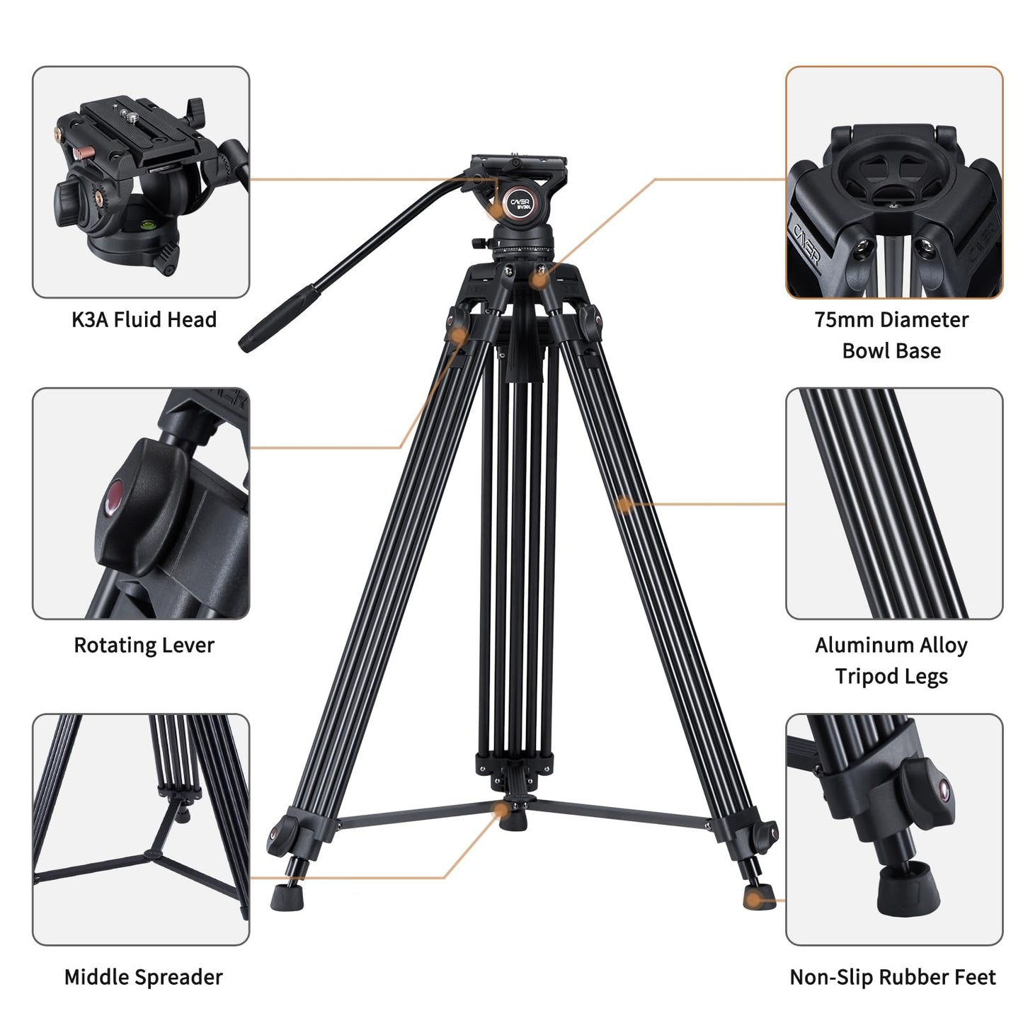 Cayer Trípode de Cámara, Trípode de Video Profesional de 184 cm, Trípode de Aluminio con Cabeza de Fluido para Videocámara DSLR, Carga Máxima de 6 kg - BV30L