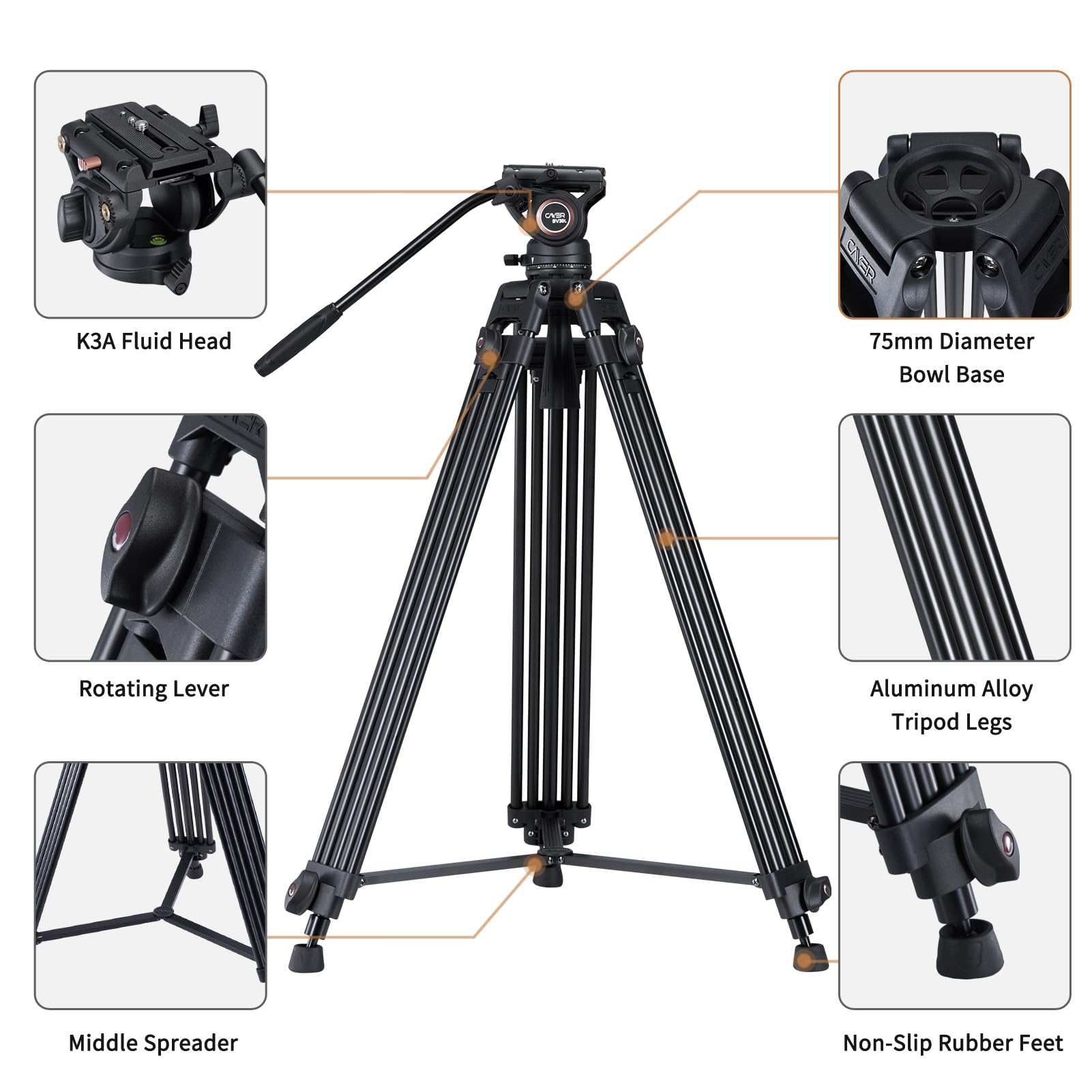 Cayer Trípode de Cámara, Trípode de Video Profesional de 184 cm, Trípode de Aluminio con Cabeza de Fluido para Videocámara DSLR, Carga Máxima de 6 kg - BV30L