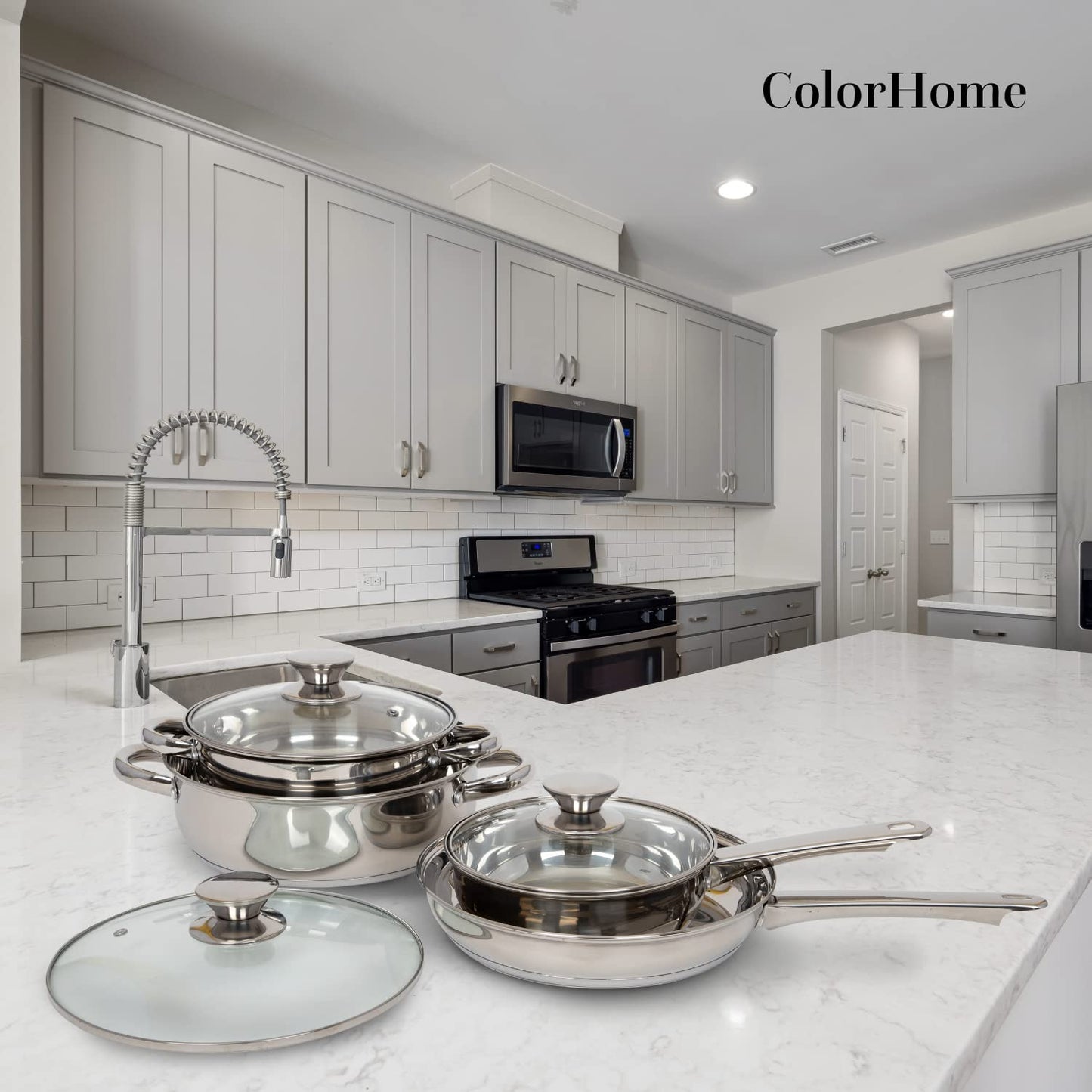 COLORHOME | Batería de Cocina Acero Inoxidable - 7 Piezas - Triple Capa Y Tapas de Vidrio Templado - Juego de Caserolas de Cocina y Sartén - Utensilios de Cocina