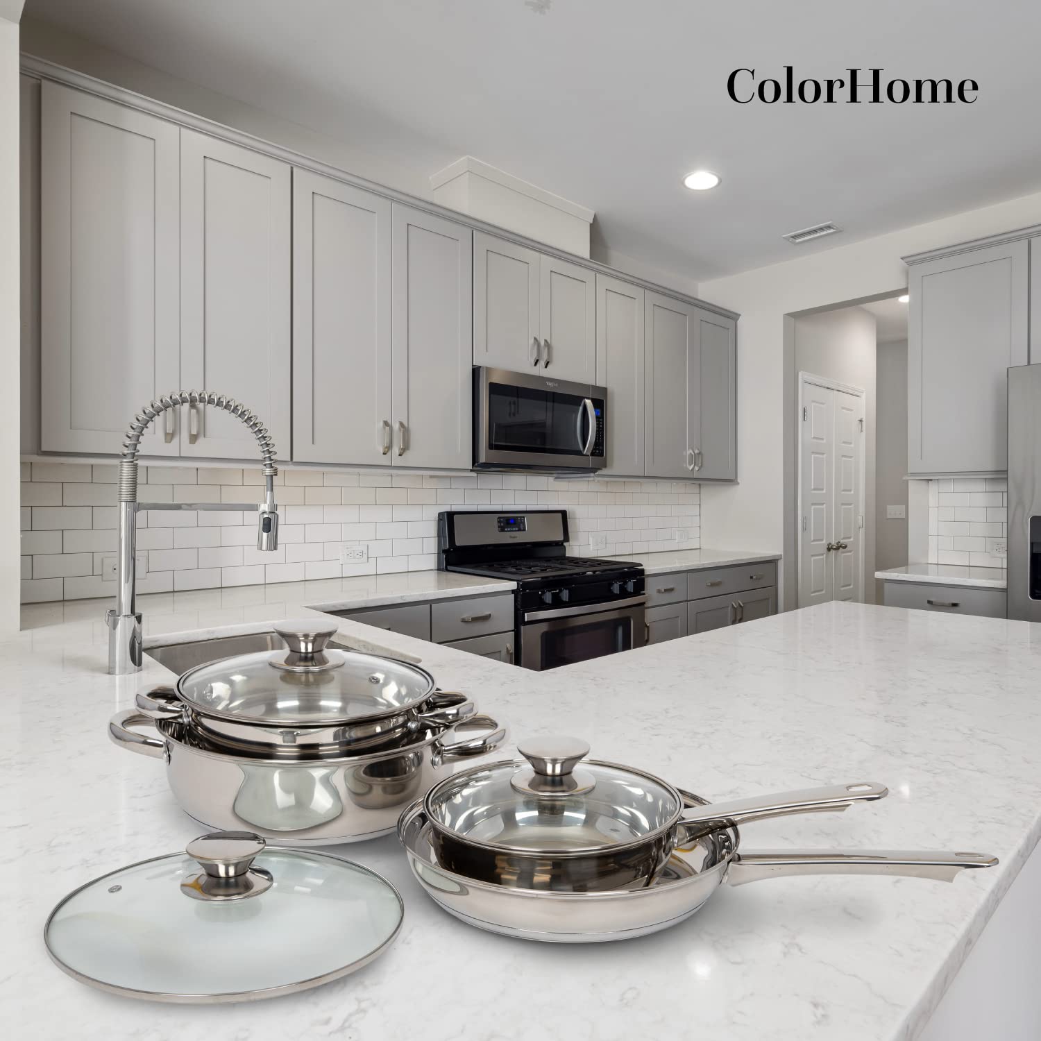 COLORHOME | Batería de Cocina Acero Inoxidable - 7 Piezas - Triple Capa Y Tapas de Vidrio Templado - Juego de Caserolas de Cocina y Sartén - Utensilios de Cocina