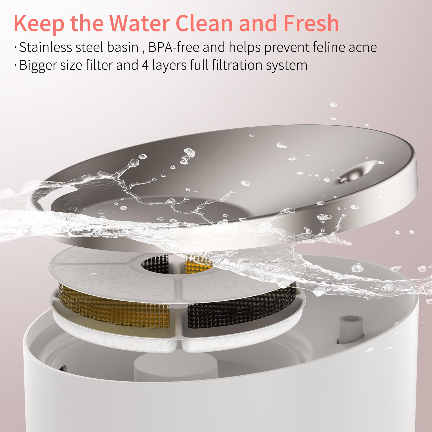 BEQ Fuente de agua automática para gatos, 2.5 l/84 onzas, dispensador de agua para mascotas, de acero inoxidable ultra silencioso, sin BPA, nivel de agua visible, con un filtro de gran tamaño, adecuado para gatos, perros pequeños y otras mascotas