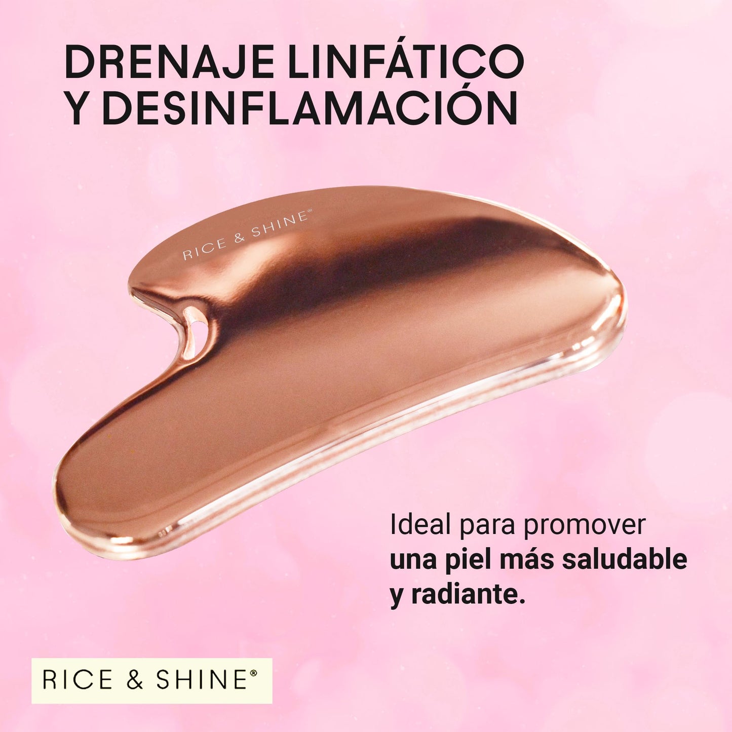 Masajeador Facial Gua Sha de Acero Inoxidable Rosa | Guasha para Drenaje Linfático y Desinflamación | Herramienta de Belleza y Cuidado Facial | Ideal para Piel Radiante y Suave | RICE & SHINE