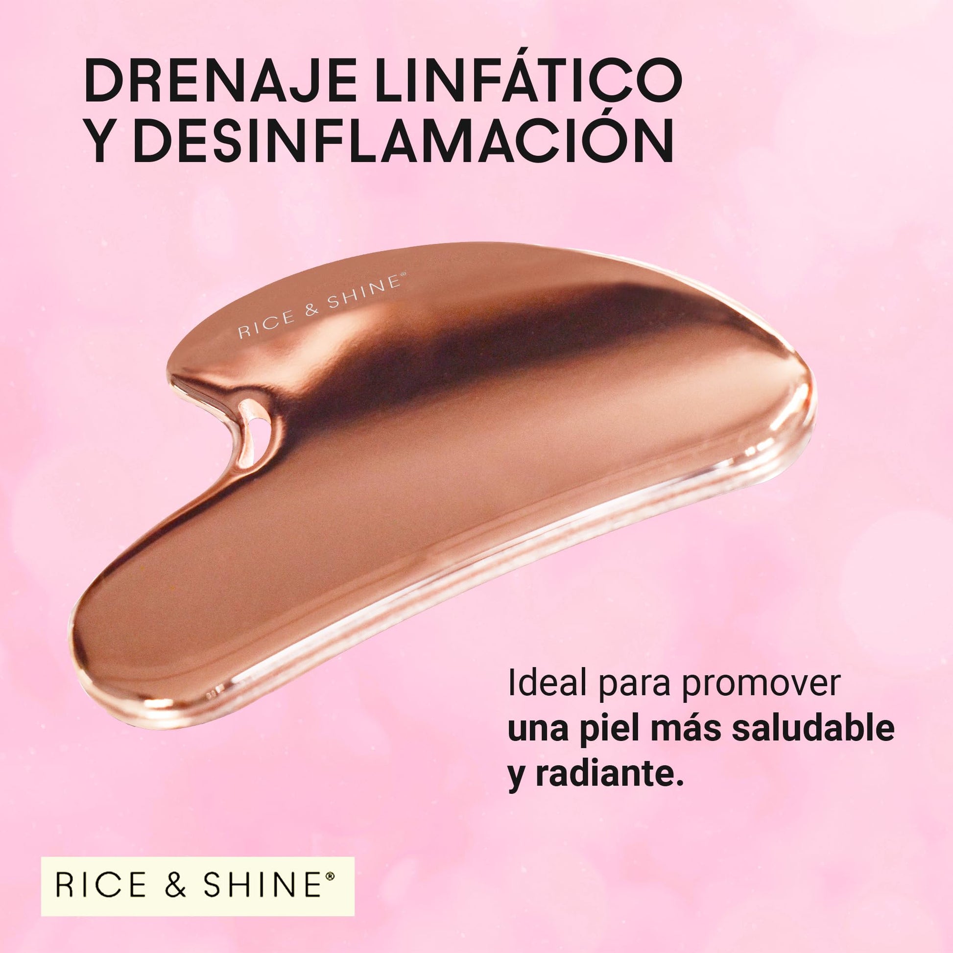 Masajeador Facial Gua Sha de Acero Inoxidable Rosa | Guasha para Drenaje Linfático y Desinflamación | Herramienta de Belleza y Cuidado Facial | Ideal para Piel Radiante y Suave | RICE & SHINE