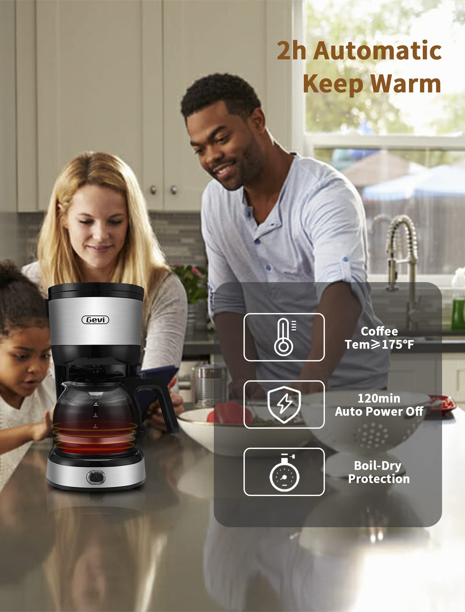 Gevi - Cafetera de 4 tazas con apagado automático, cafetera pequeña con goteo súper automática, cafetera compacta con filtro de cono, jarra de vidrio y placa caliente