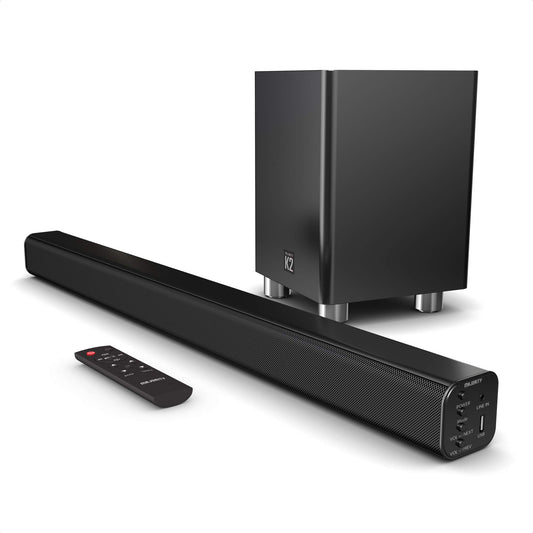 Majority K2 - Barra de sonido con subwoofer | 150 W potente barra de sonido estéreo de 2.1 canales para TV | Sonido envolvente 3D de cine en casa I HDMI ARC, Bluetooth, conexión óptica y RCA I USB y