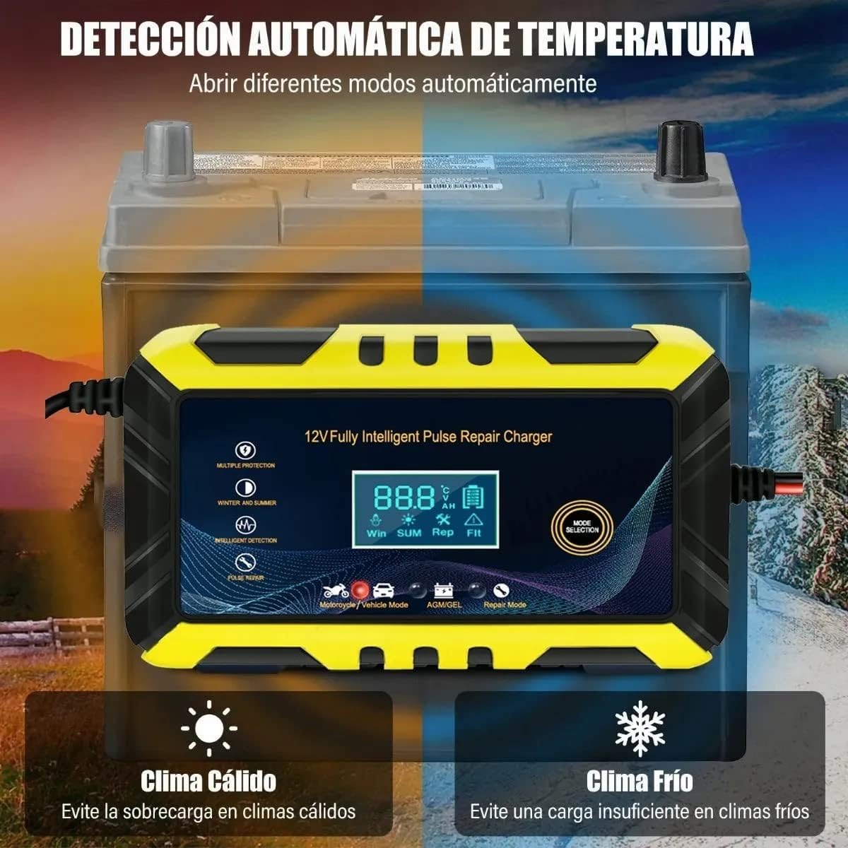 Cargador Inteligente de Batería 12V para Auto/Motocicleta | LCD, Carga Automática 3 Etapas, Protección Múltiple, Apto para Gel/AGM/Húmedas | Modos Estacionales