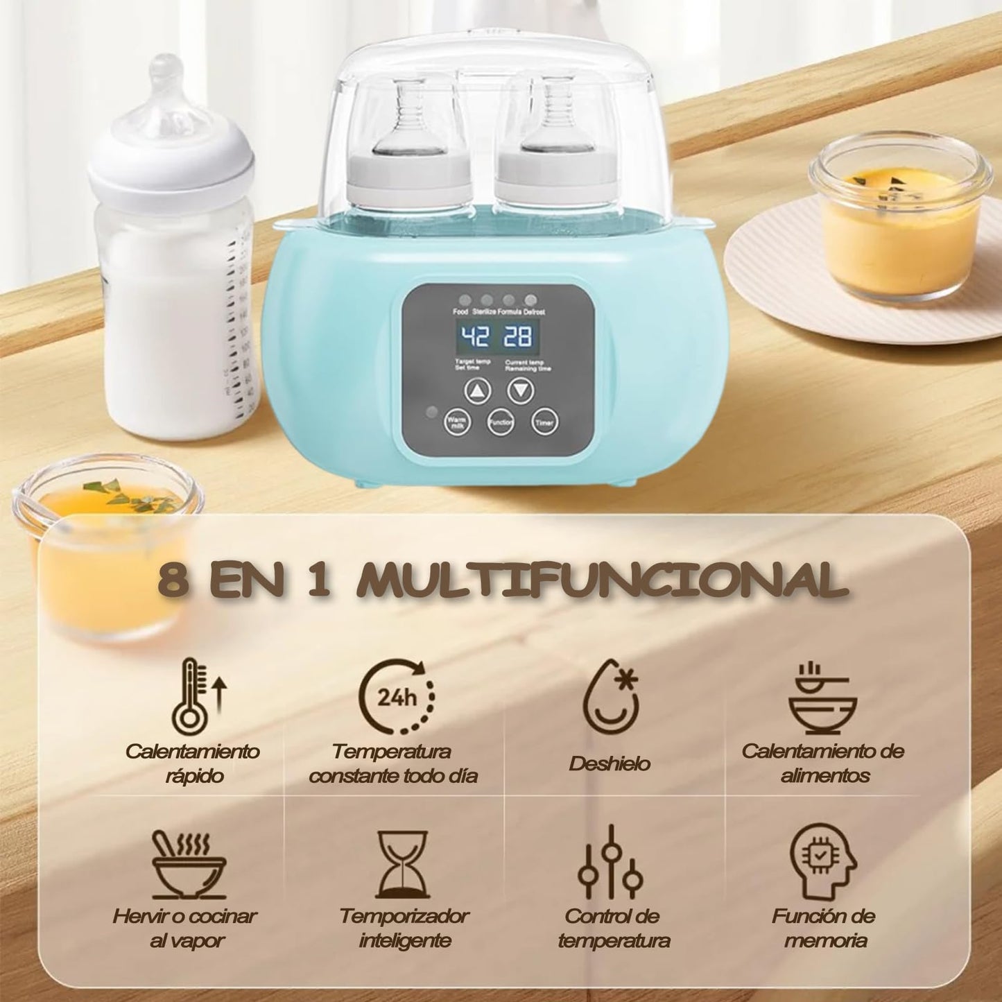 Calentador de Biberones Electrico 8 en 1 ,Calentador de Mamilas Multifuncional Rápido,Descongelación a temperatura constante durante 24 horas, Calienta Biberones para Calor de Tarros de Comida para Bebé