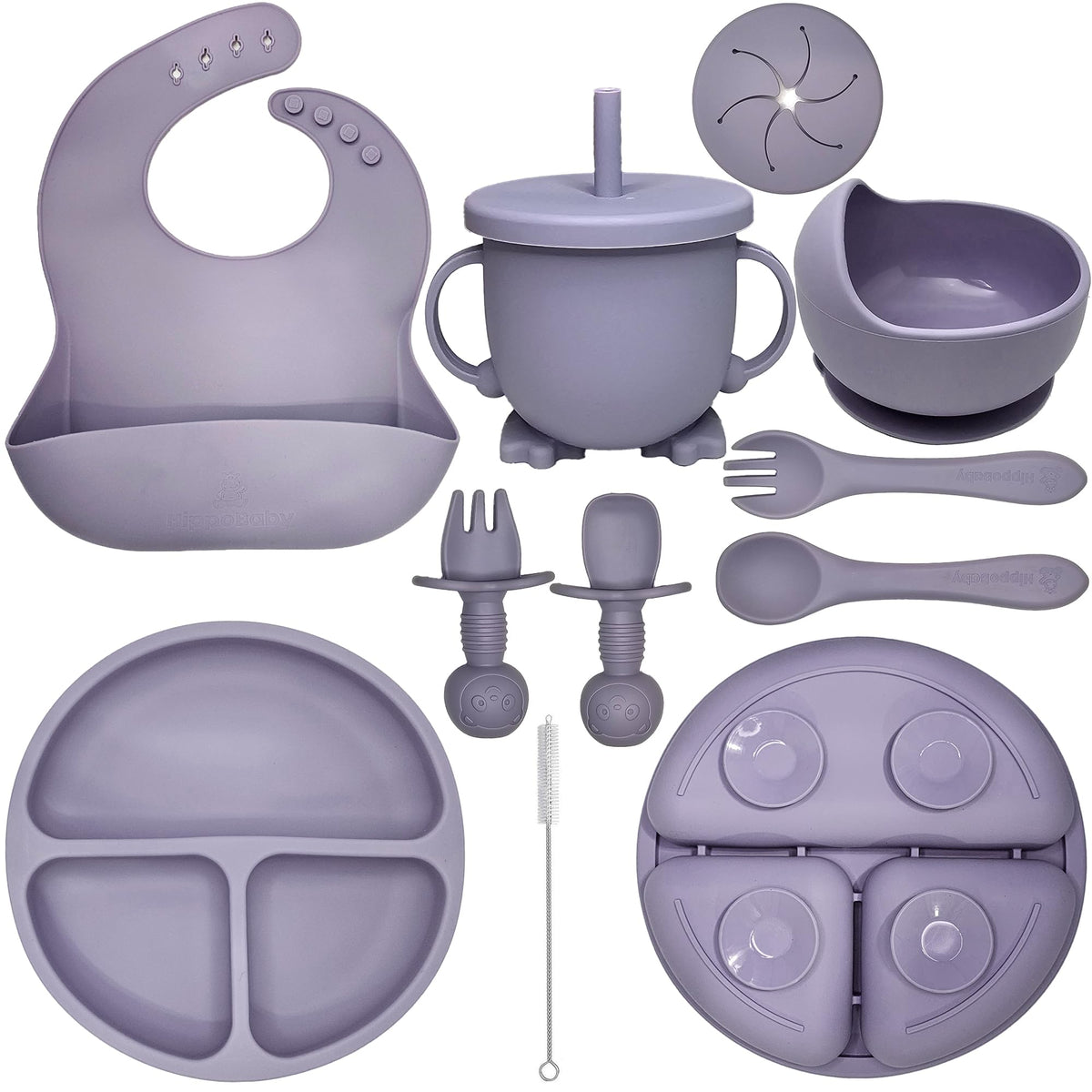 HippoBaby Suministros para Alimentación Guiada del Bebé | Juego de Alimentación de Silicona de 10 Piezas | Juego de Vajilla para Bebé y Niño Pequeño con Babero, Taza, Plato Dividido y Cuenco