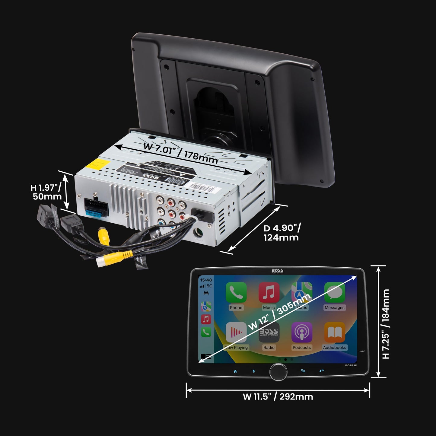 BOSS Audio Systems- BCPA12 Estéreo de un Solo DIN para automóvil - Apple CarPlay, Android Auto, Pantalla táctil de 12 Pulgadas, Bluetooth, sin Reproductor de DVD y CD, Receptor de Radio