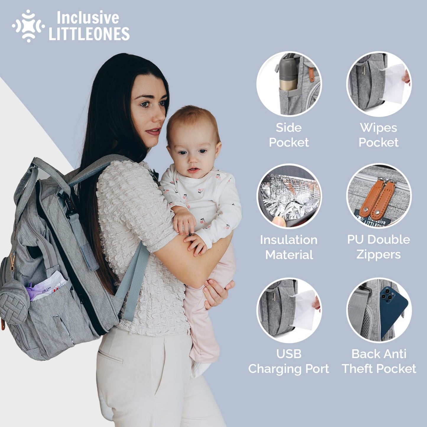 Inclusive LittleOnes - Mochila para pañales para bebé, almohadilla para cambiar, gran capacidad, puerto USB, funda para chupete, mosquitero y bolsa de toallitas | Elegante bolsa de viaje para niños