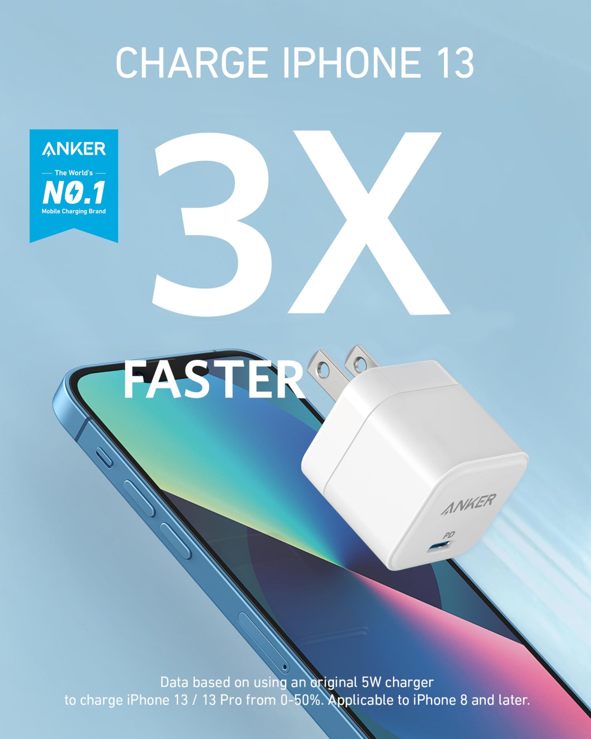 Anker Cargador USB C, Cargador rápido de 20 W con Enchufe Plegable, PowerPort III de 20 W para iPhone 14/14 Plus/14 Pro/14 Pro Max/13, Galaxy, Pixel 4/3, iPad/iPad Mini y más (Cable no Incluido)