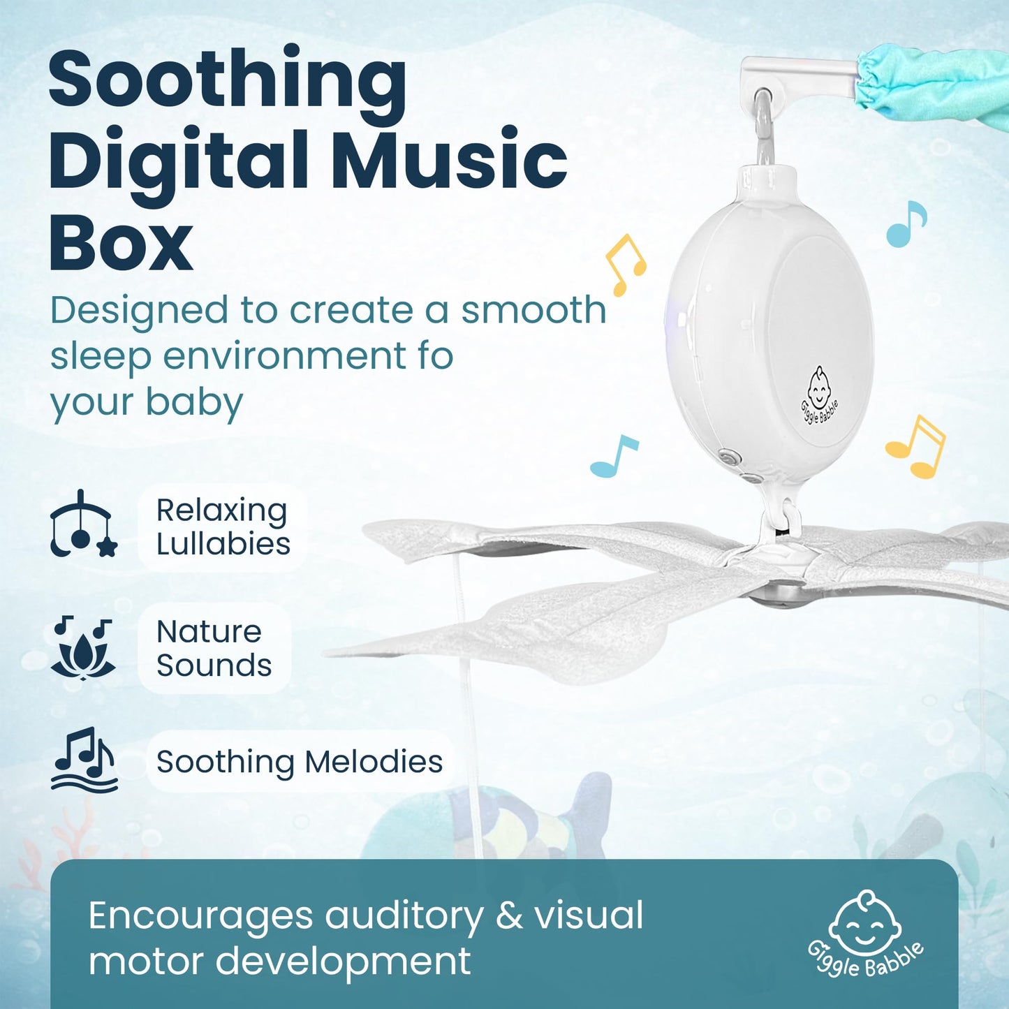 Giggle Babble Ocean - Móvil para bebé con música, cuna náutica calmante con animales marinos, canciones de cuna calmantes para dormir tranquilo, decoración de guardería para niños o niñas