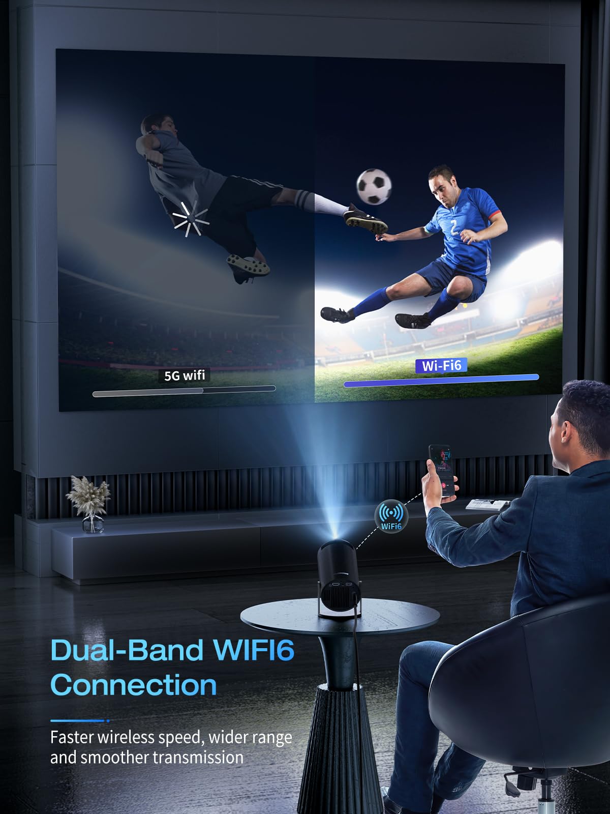 CLOKOWE Proyector con WiFi y Bluetooth, compatible con 4K FHD 1080P, mini proyector portátil de películas para exteriores, piedra clave automática, compatible con iOS/Android/HDMI/TV Stick/Windows