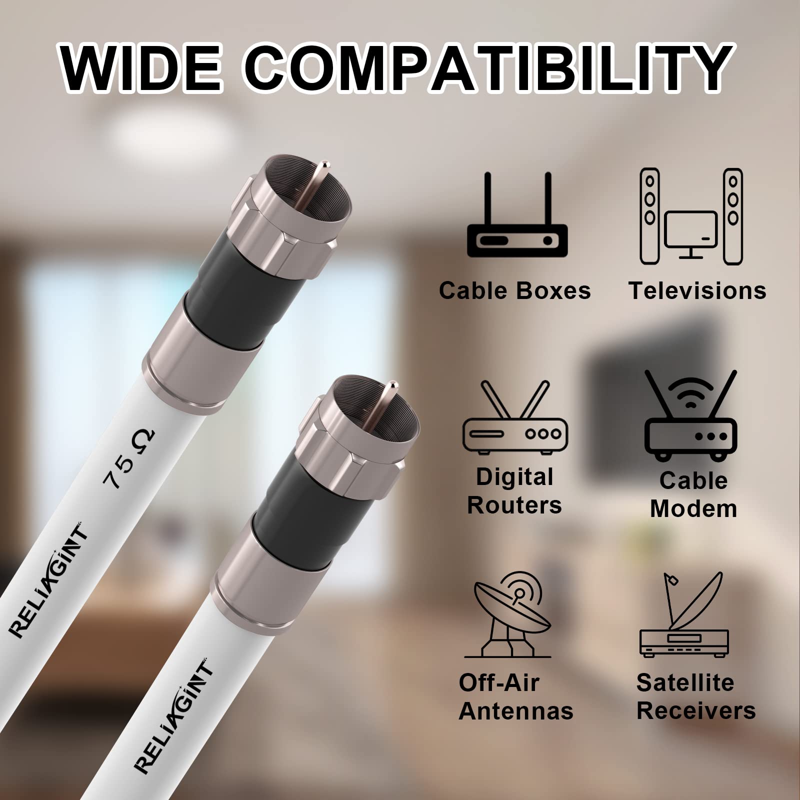 RELIAGINT RG6 cable coaxial con conector F, adaptador de extensión de conector F81, cable coaxial de alta velocidad de baja pérdida, extensión de cable para HD-TV, Dish, Satélite, Antena, 15,2 m