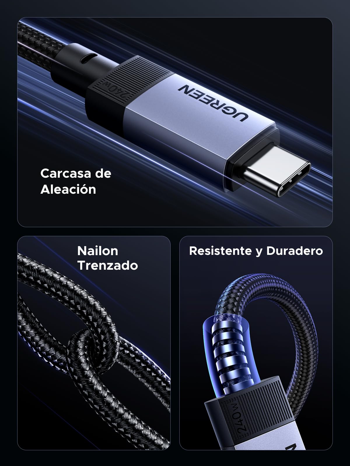 Cable de Datos UGREEN USB C Negro 240W Carga Rápida PD 3.1 10Gbps 4K 60Hz 1M