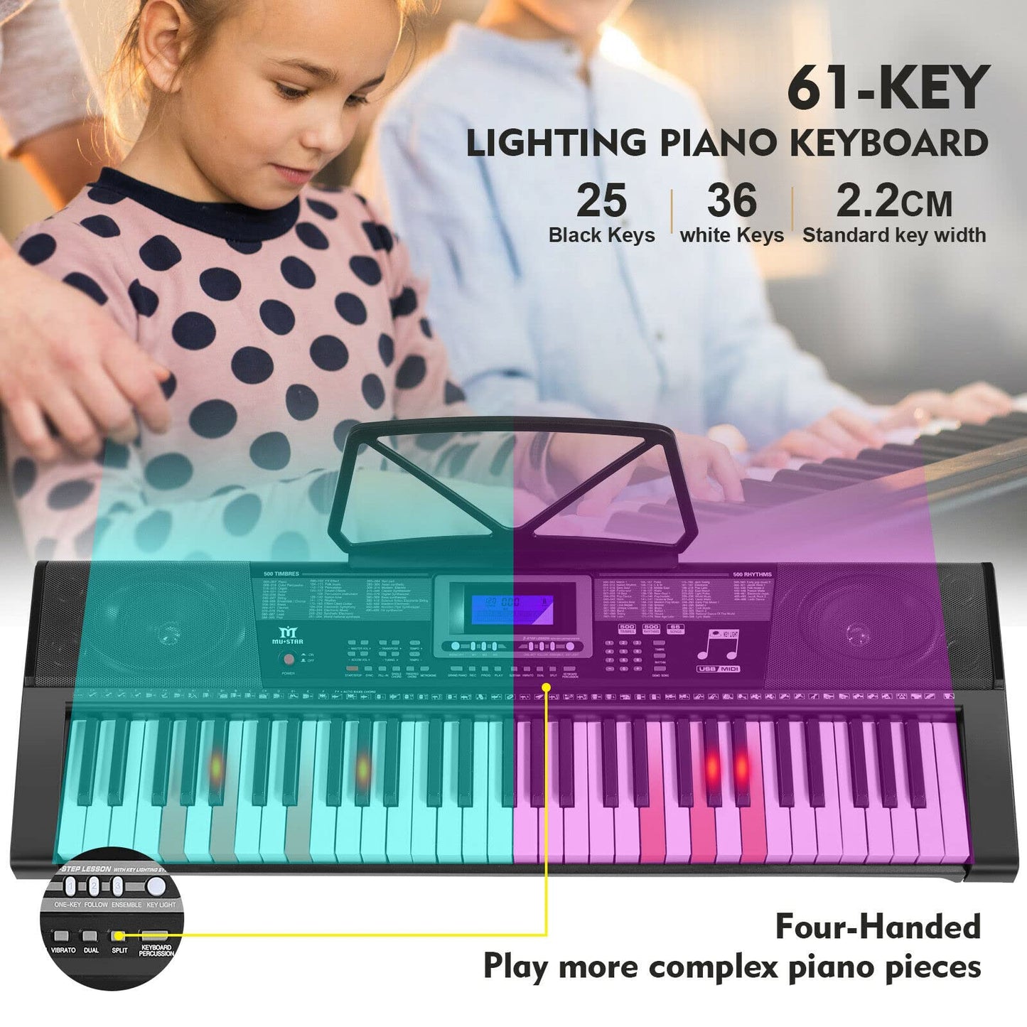 Teclado de Piano Mustar MEKS-500 61 Teclas Iluminadas Eléctrico para Principiantes