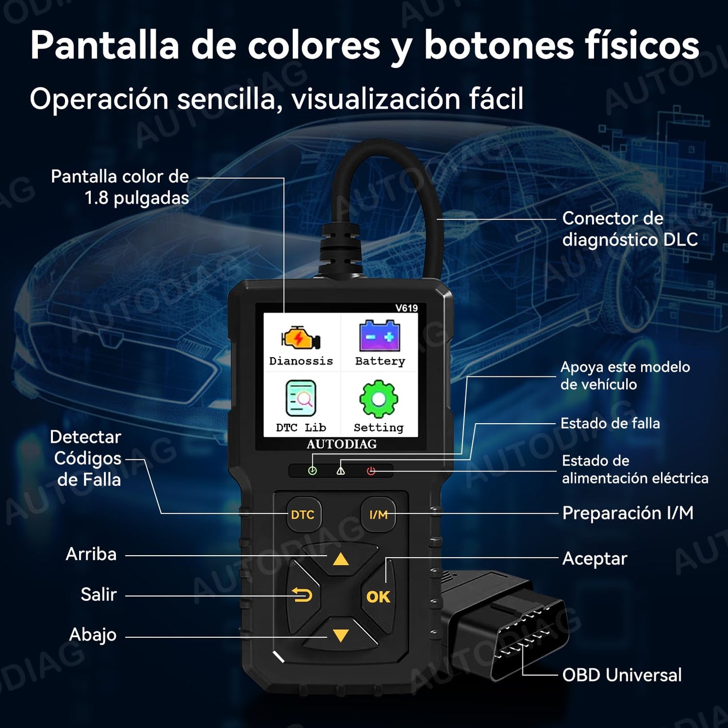 AUTODIAG Escáner OBD2 V619, Escáner automotriz Profesional, Lector de códigos Universal, Diagnóstico de fallas del Motor, Herramienta de diagnóstico para los Coches de protocolo OBD2