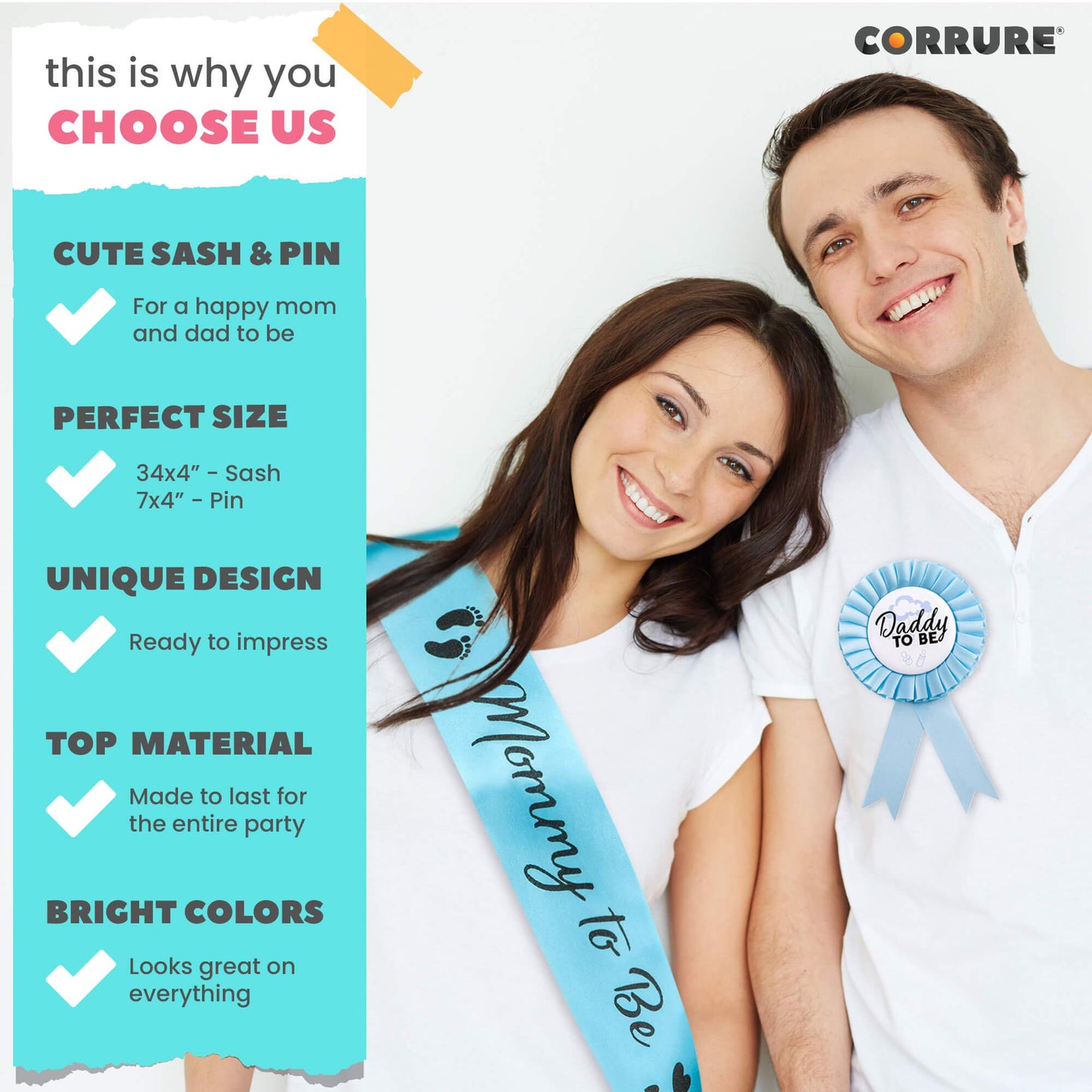 CORRURE Faja de ducha y botón Pin para niño – "Mommy to Be" y "Daddy to Be" Pin con hermosa cinta azul y texto negro con purpurina – Regalo ideal para mamá y papá para revelar el género/baby shower