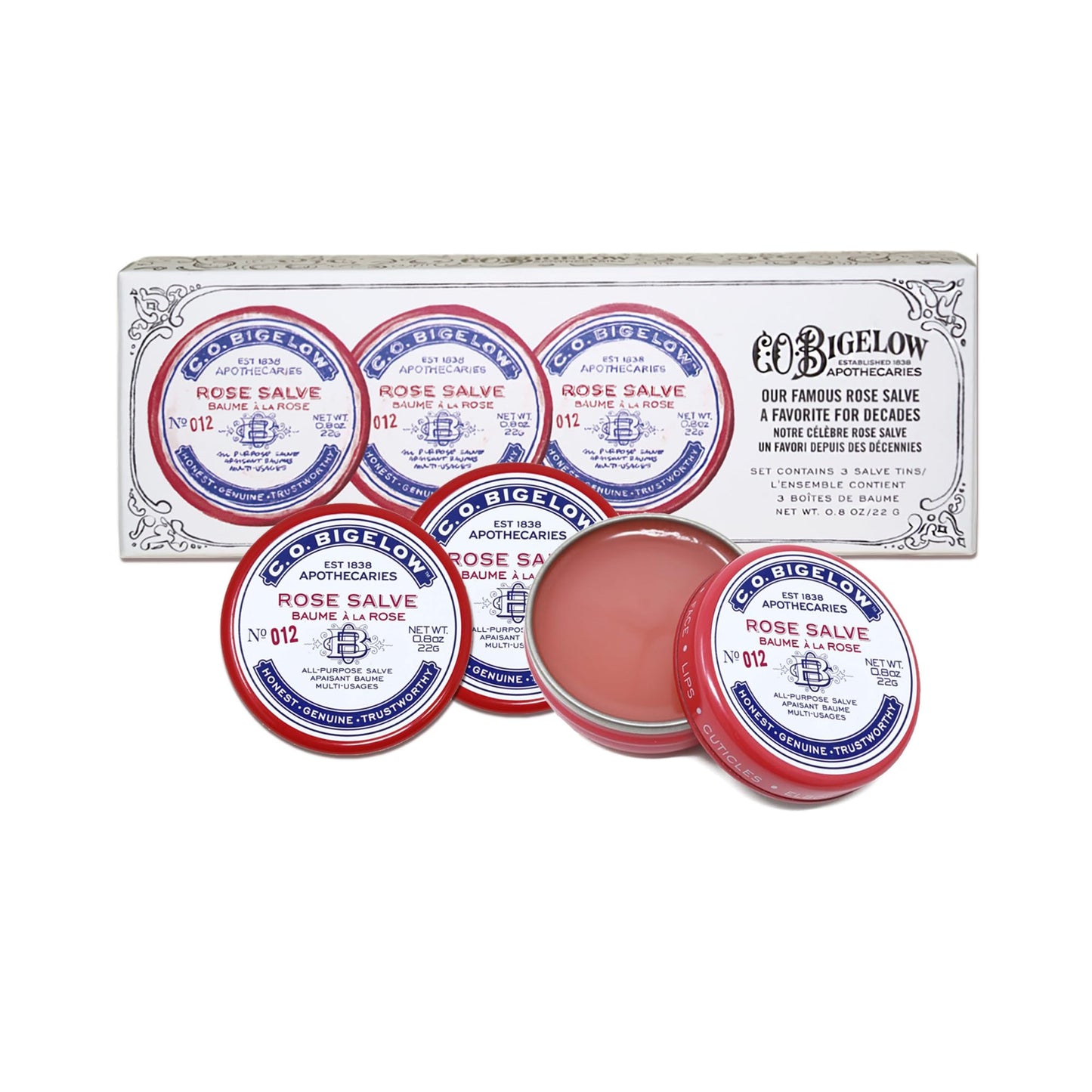 C. O. Bigelow - Juego de 3 bálsamos labiales multiusos, color rosa, alivia irritación y acondiciona piel seca y agrietada