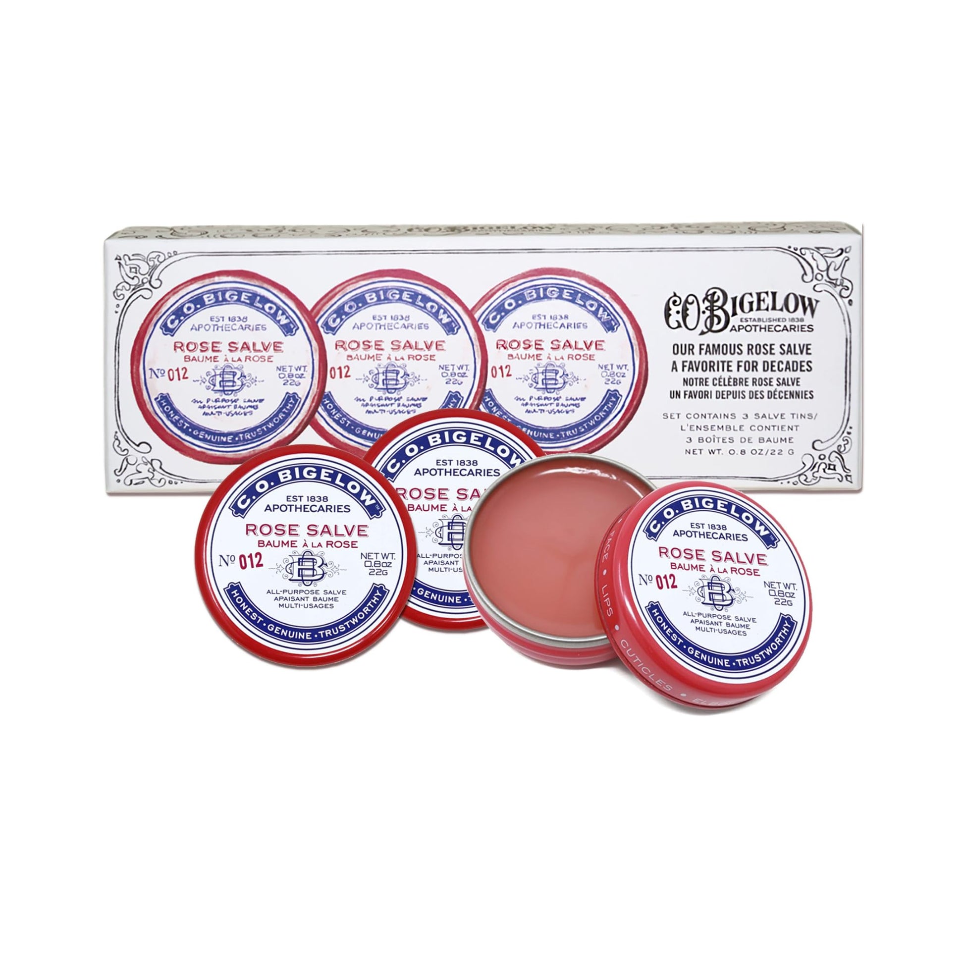 C. O. Bigelow - Juego de 3 bálsamos labiales multiusos, color rosa, alivia irritación y acondiciona piel seca y agrietada