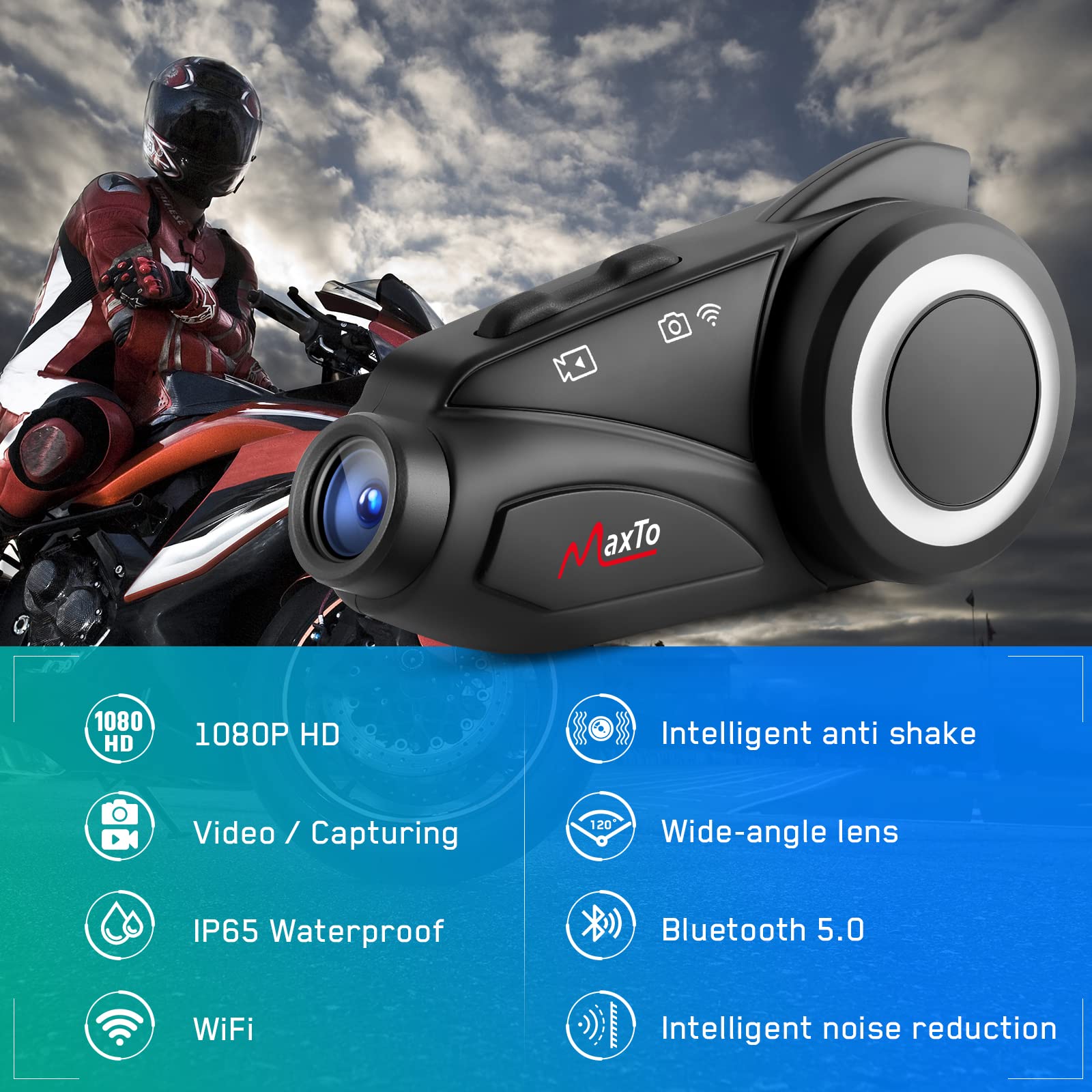 MAXTO - Auriculares Bluetooth para motocicleta con cámara 1080P HD, M3 mejorado 360°, clip ajustable de 6 ciclistas de 99974.4 cm, sistemas de comunicación de motocicleta, intercomunicadores de grupo,