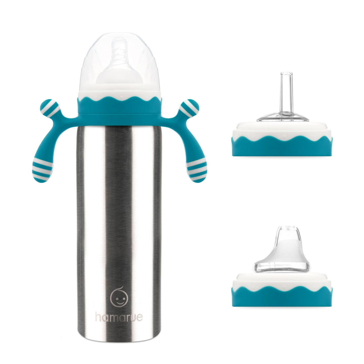Hamarue Vaso De Acero Inoxidable 3 En 1 De Lujo Para Bebés Y Niños Pequeños | Transferencia De Líquidos Sin Plástico Tóxico | Vaso Y Biberón Con Pajita | Aislamiento A Prueba De Fugas (Verde Azulado,