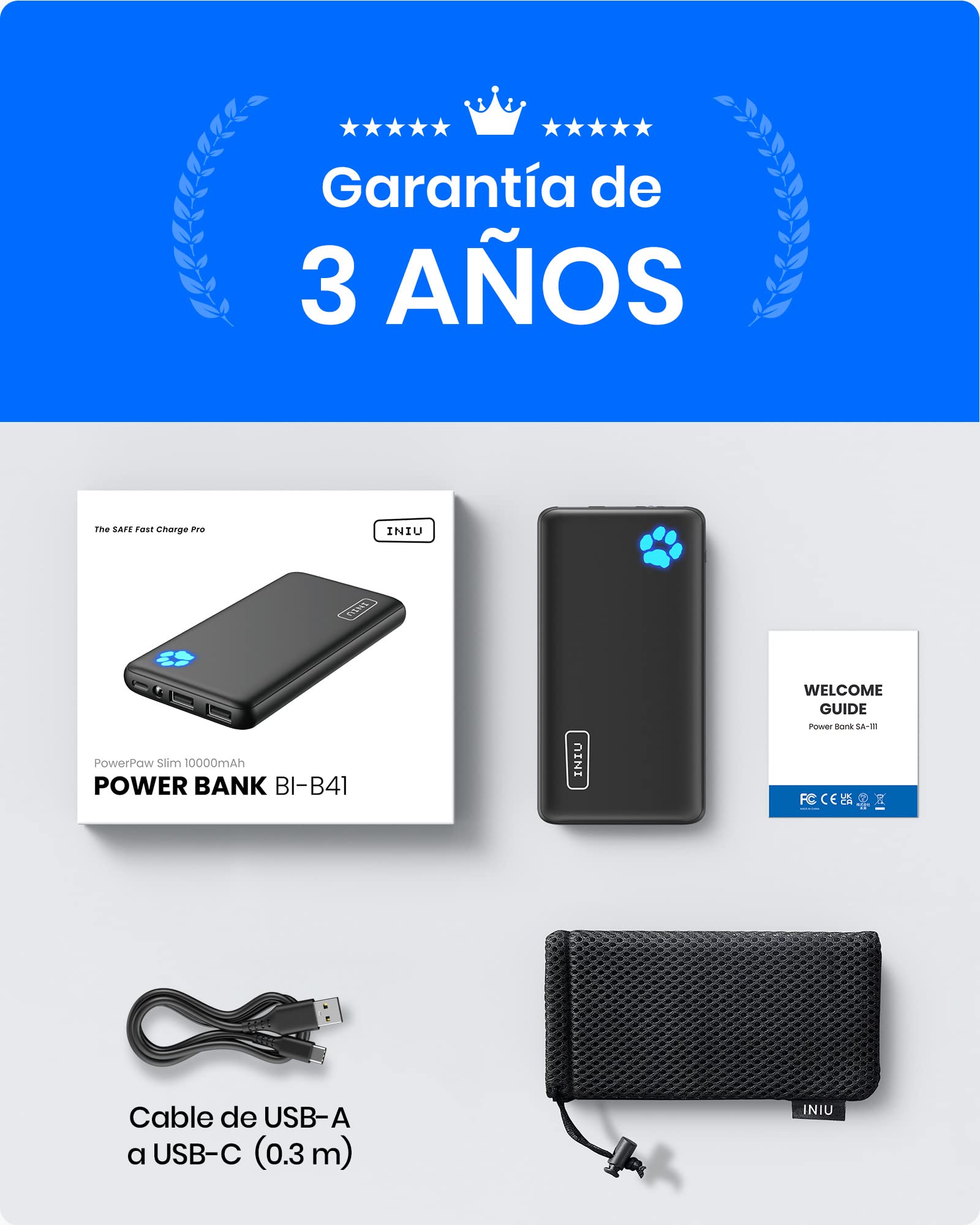 INIU Power Bank, USB C más Delgado 10000mAh Bateria Portatil, Triple 3A de Alta Velocidad Pila Portatil de Linterna Compatible con iPhone 16 15 14 13 12 11 Pro Samsung S21 S20 Xiaomi Google LG iPad