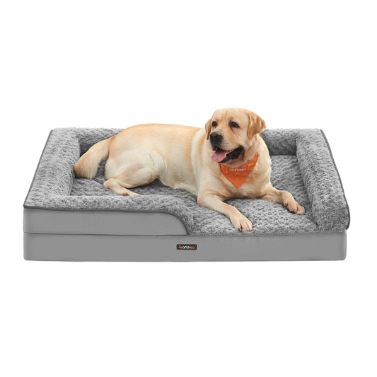 Feandrea Cama para Perros, Cama para Mascotas, 91 x 68 x 16 cm, Ortopédica con Espuma Corrugada, Funda Extraíble con Motivo Rosa de Peluche, Bordes Elevados Acolchados, Gris Paloma MPGW252G01