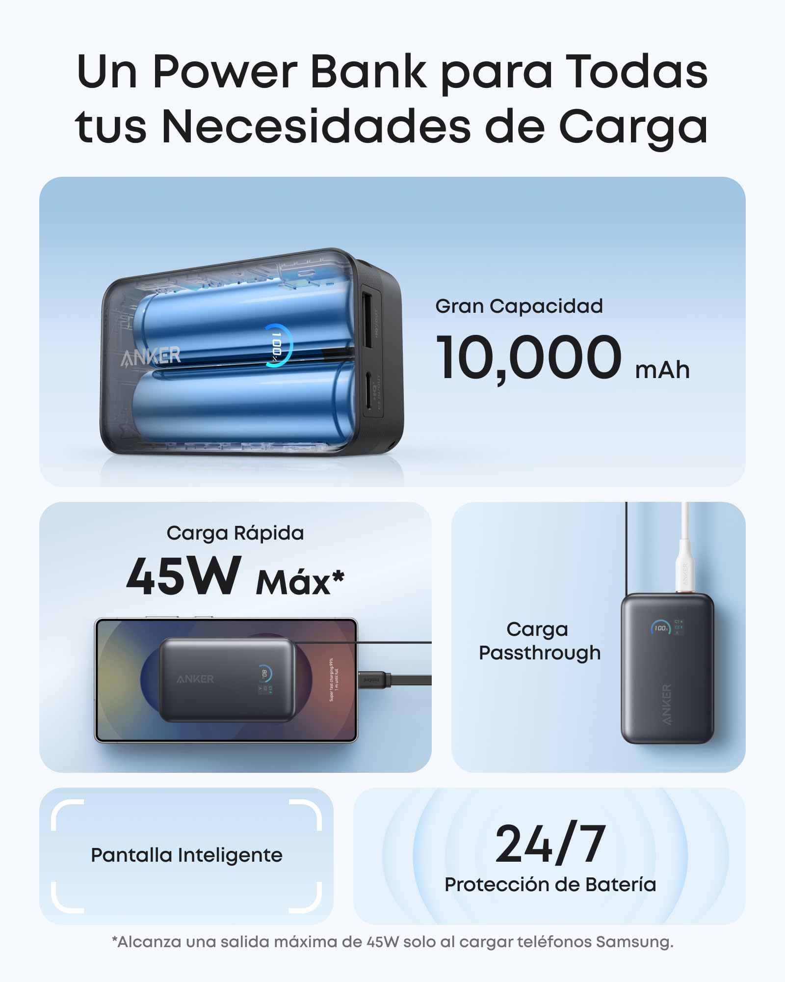Cargador Portátil Anker Nano Negro de 10.000mAh con Cable Retráctil InstaCord y Pantalla Inteligente para iPhone, iPad, Galaxy y Pixel