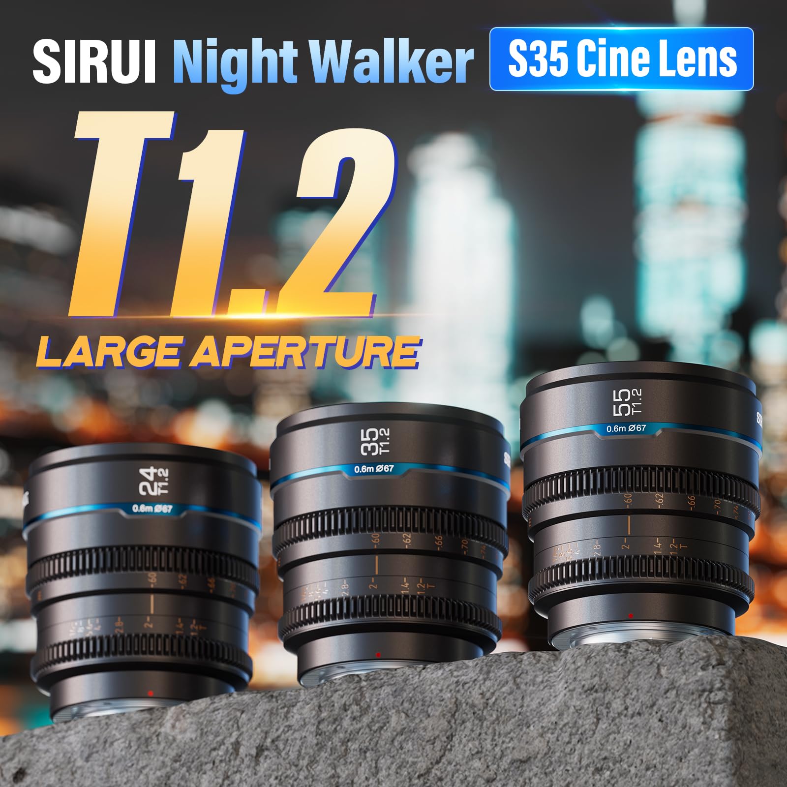 Sirui Night Walker T1.2 Juego de Lentes de Cine, 24 mm, 35 mm, 55 mm, Lente de Enfoque Manual de Apertura Grande (MS-3SEG, Montaje E, Gris Metal)