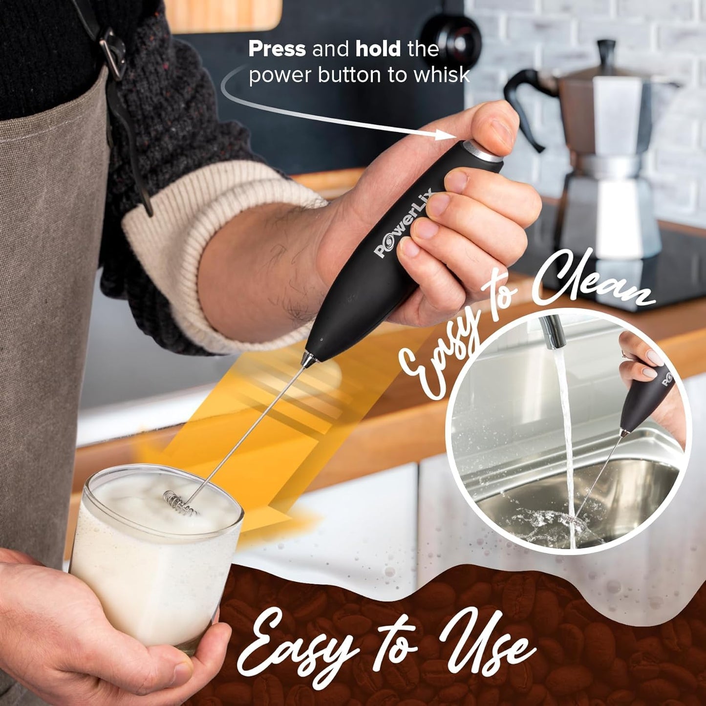 Espumador de Leche POWERLIX Negro Duradero con Batidor de Acero Inoxidable y Soporte Incluido