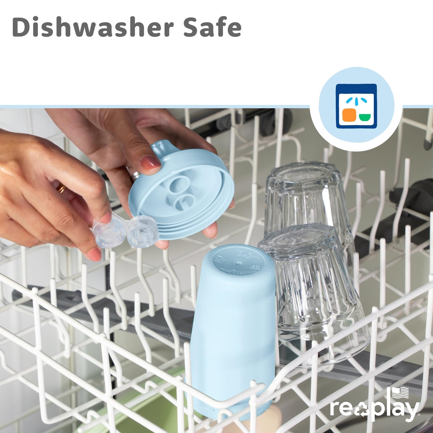 Re-Play - Juego de 4 tazas para beber a prueba de derrames para niños pequeños, reutilizables de 10 onzas, aptas para lavaplatos y microondas, fabricadas en Estados Unidos, azul fresco