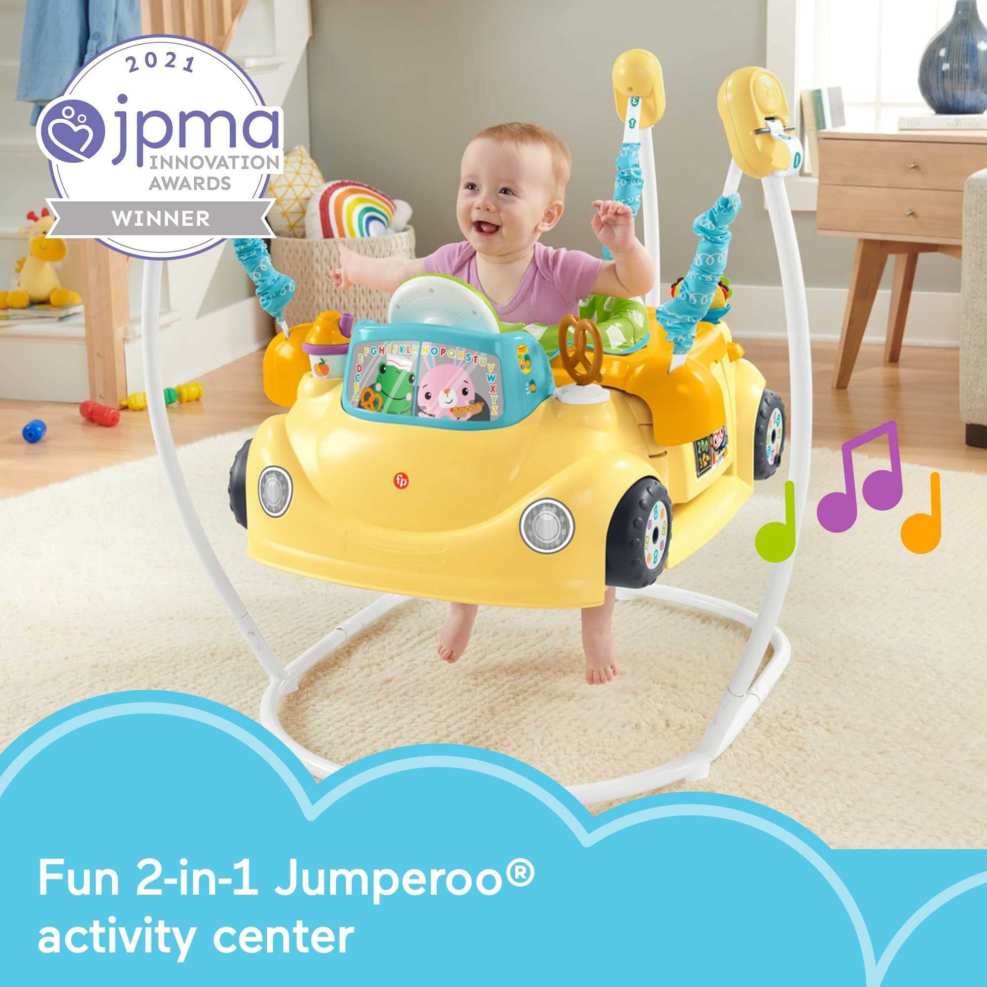 Fisher-Price - Juguete de aprendizaje de bebé a niño pequeño 2 en 1 Servin' Up Fun Jumperoo Centro de actividades con luces musicales y juego de rompecabezas de clasificación de formas