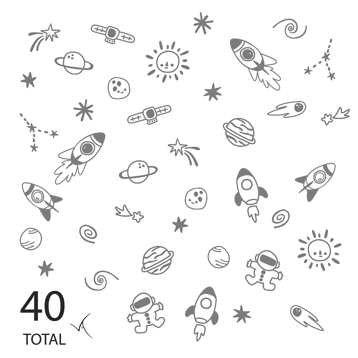 40 pegatinas de vinilo espacial gris para pared de Vieli Arte. Pegatinas adhesivas Galaxy para habitación infantil, decoración de dormitorio de bebé Diseño original de artista. Sol, Luna, Estrellas, Planetas, Astronauta (Gris)