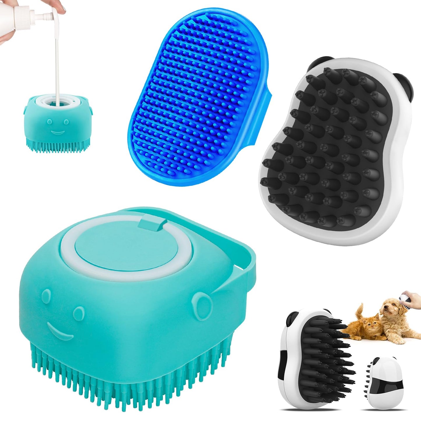 Comotech - 3 cepillos de baño para perros, cepillo para polvo de champú para perros, limpiador para perros, aseo y lavado con mango de anillo ajustable para perros y gatos de pelo corto y largo (azul