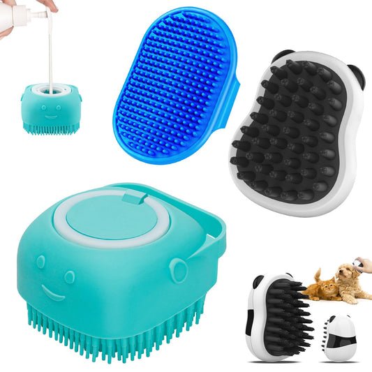 Comotech - 3 cepillos de baño para perros, cepillo para polvo de champú para perros, limpiador para perros, aseo y lavado con mango de anillo ajustable para perros y gatos de pelo corto y largo (azul