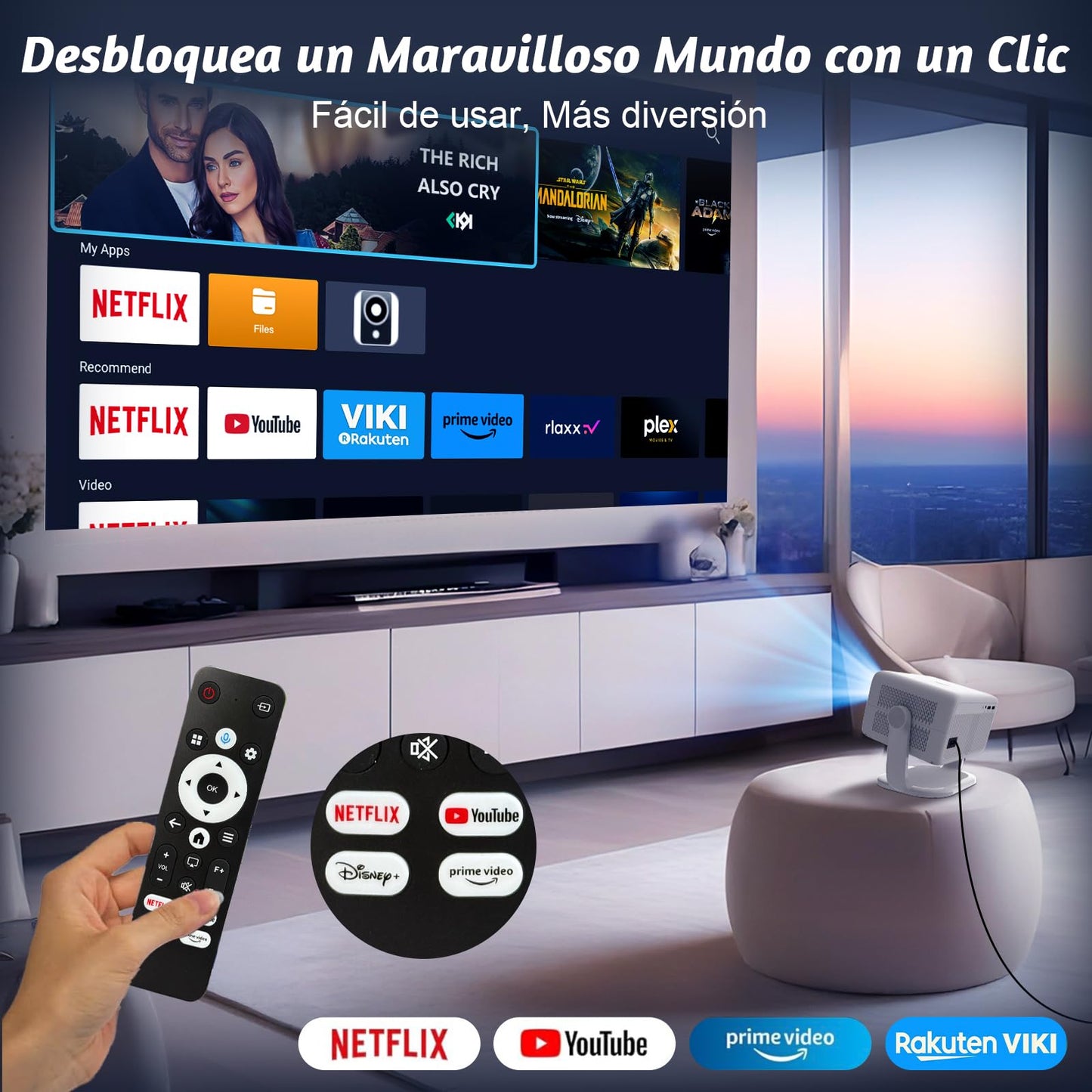 VUEKIME Proyector 4K Portátil Compatible con Netflix – Android 13, Autoenfoque, Keystone Automático | WiFi 6 de Doble Banda, Bluetooth 5.2, 1080P Nativo, 500 ANSI y Sonido 3D HiFi