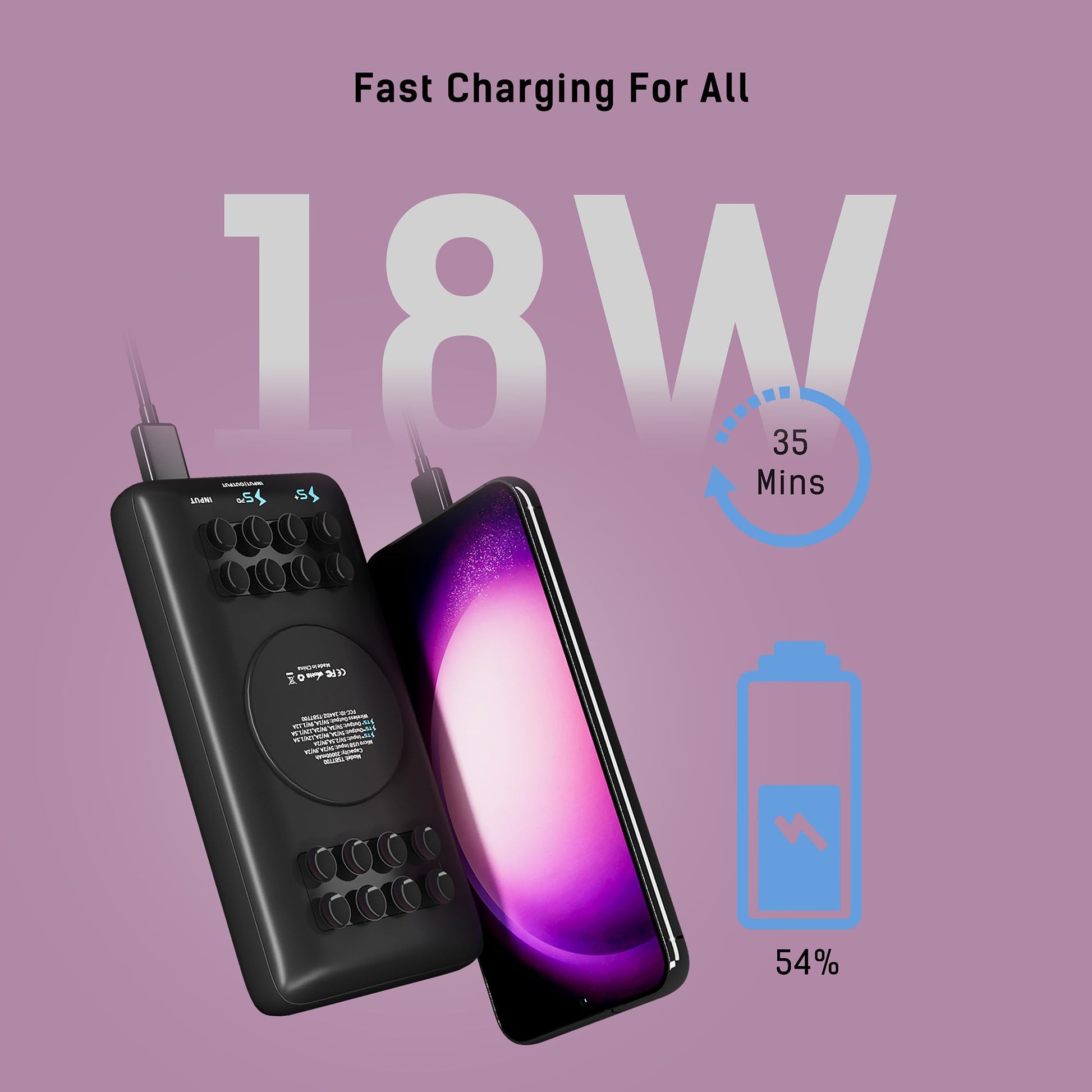 Banco de Energía Techsmarter Violeta Potente, 20000 mAh, USB-C PD 18 W para iPhone y Galaxy