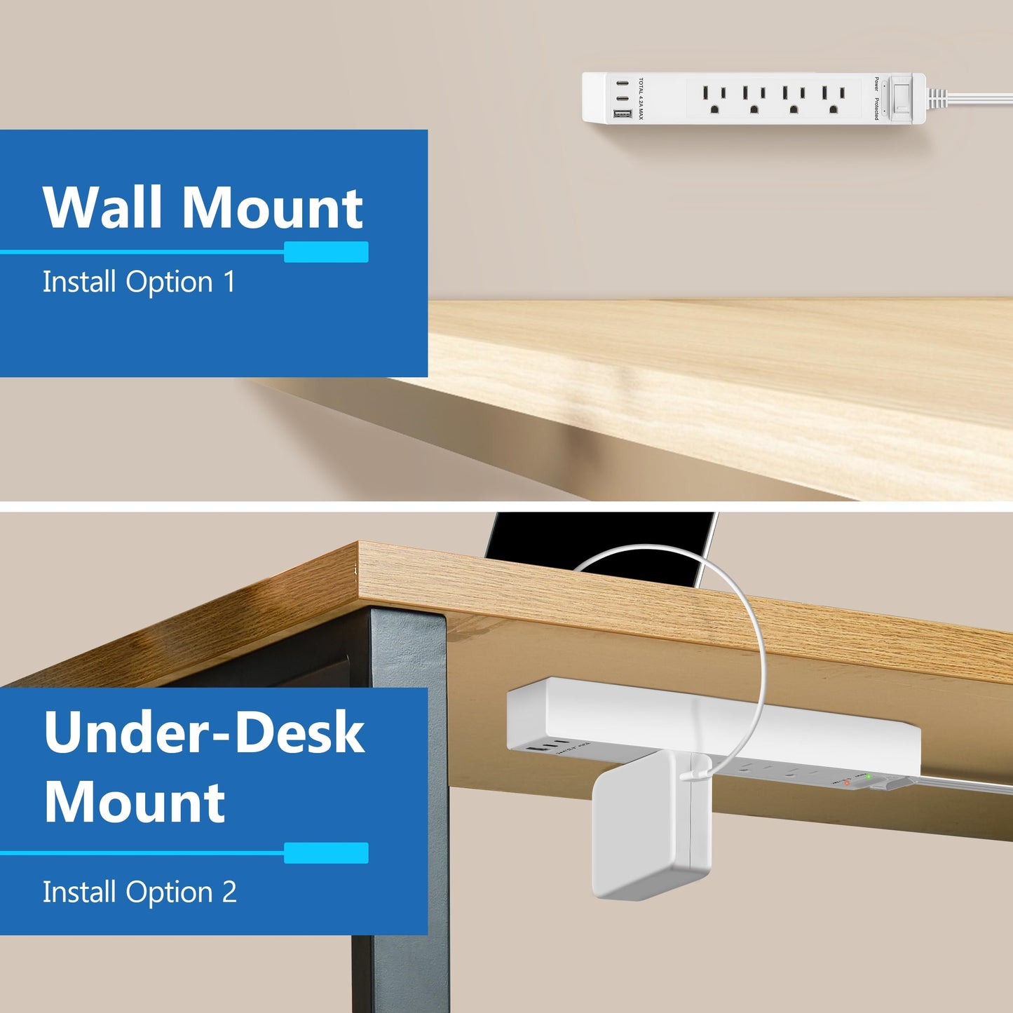LIDER Extensor de toma protegido contra sobretensiones, tira de alimentación de 4 tomas, USB tipo A de 21 W y 2 puertos USB tipo C, enchufe de placa de pared ultrafino con extensor de cable, cara