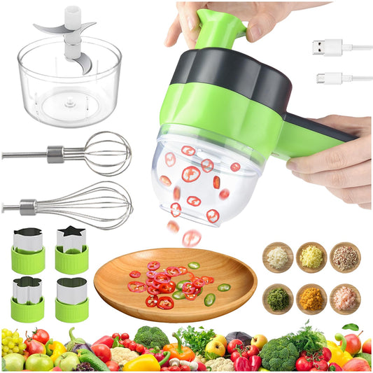 Cortador eléctrico de verduras 4 en 1, portátil, recargable, inalámbrico procesador de alimentos y picadora, rebanada de alimentos para el hogar, cocina, ajo, pimienta, chile, cebolla, apio, jengibre
