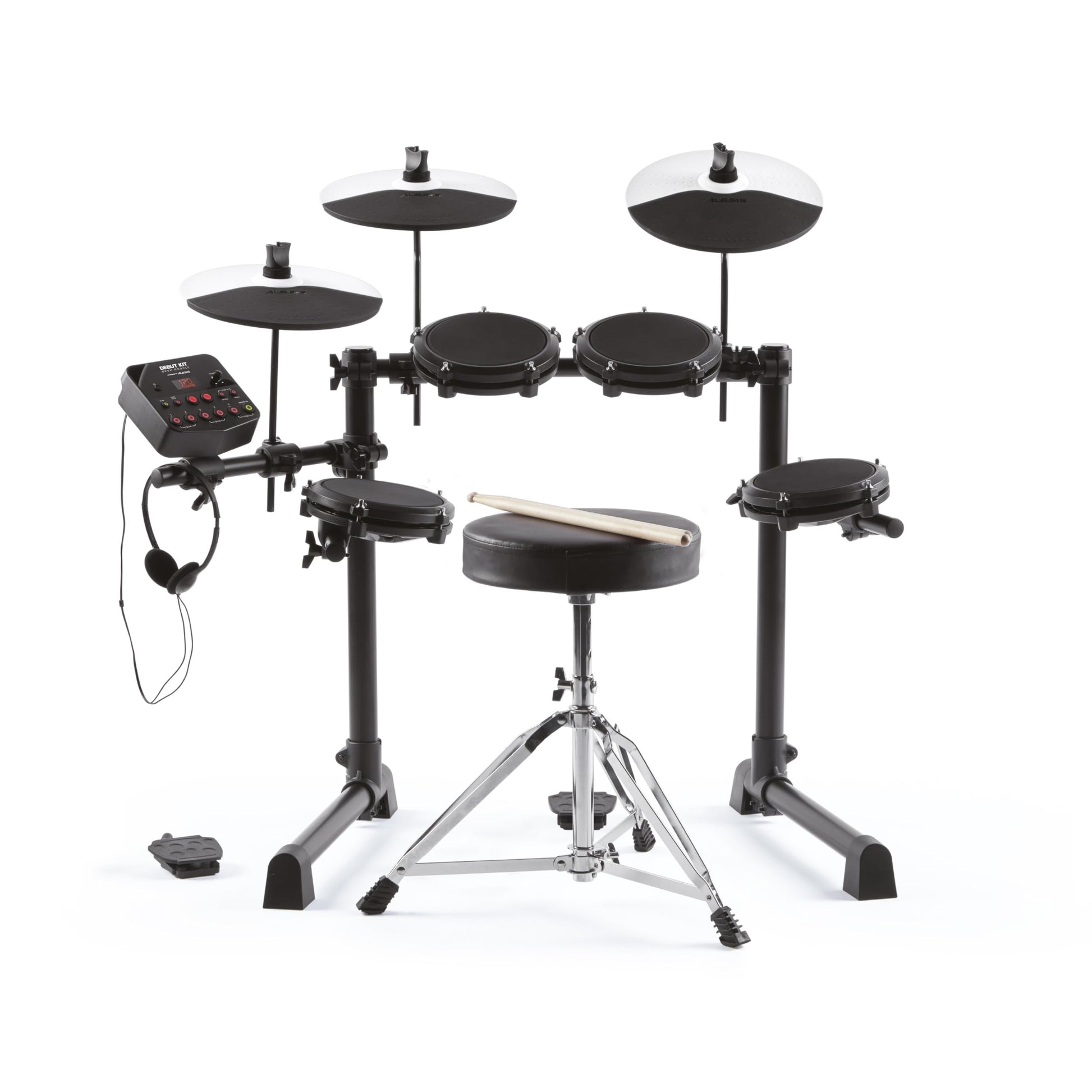 Alesis Debut Kit - Bateria electrica para niños con 4 parches de malla, 120 sonidos, 100 lecciones, taburete, baquetas, llave de batería y auriculares