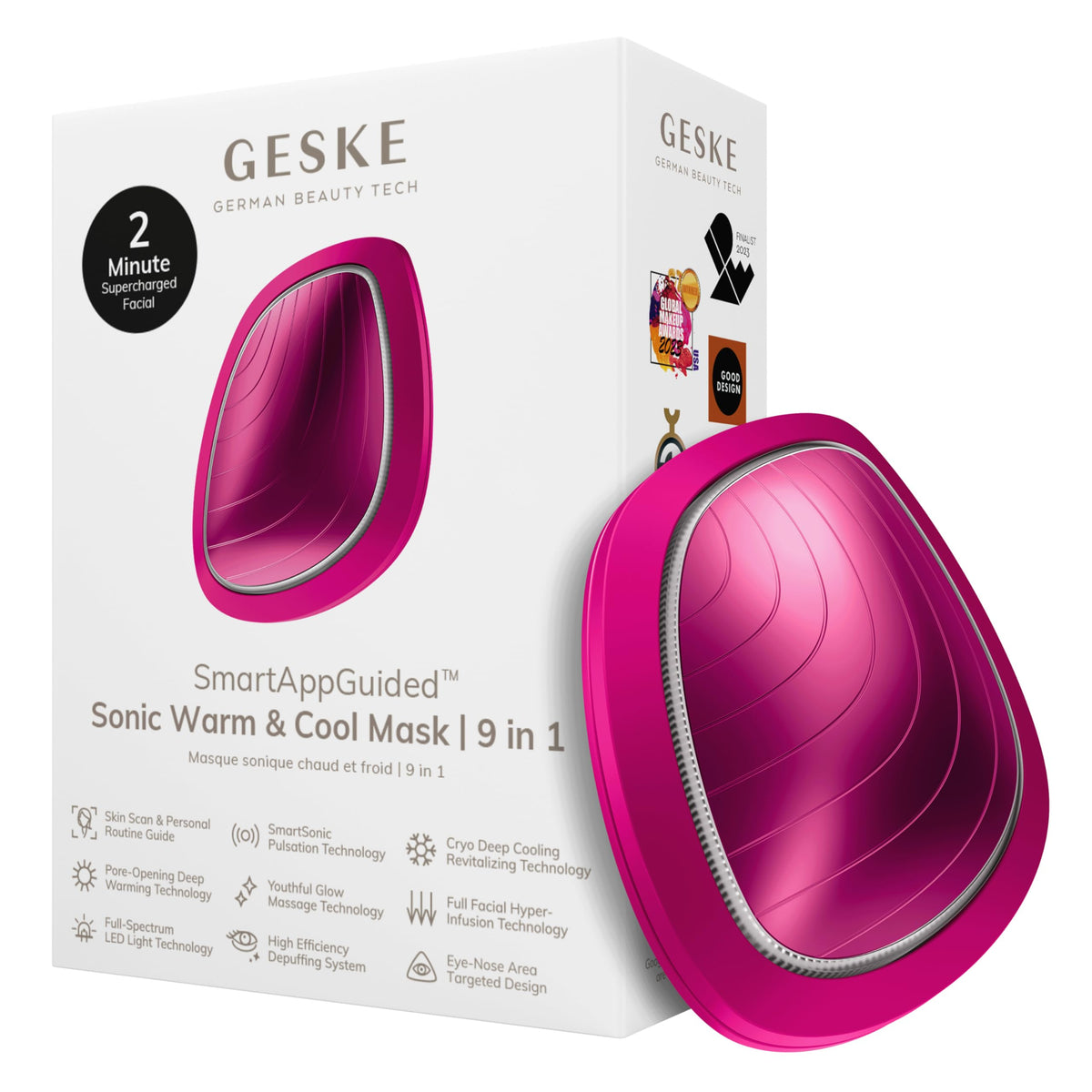GESKE | SmartAppGuided™ Sonic Warm & Cool Mask | 9 en 1 | Máscara facial LED de belleza | Espectro LED completo y terapia de luz roja | Calor/frío | Mayor absorción de productosl | masajeador facial