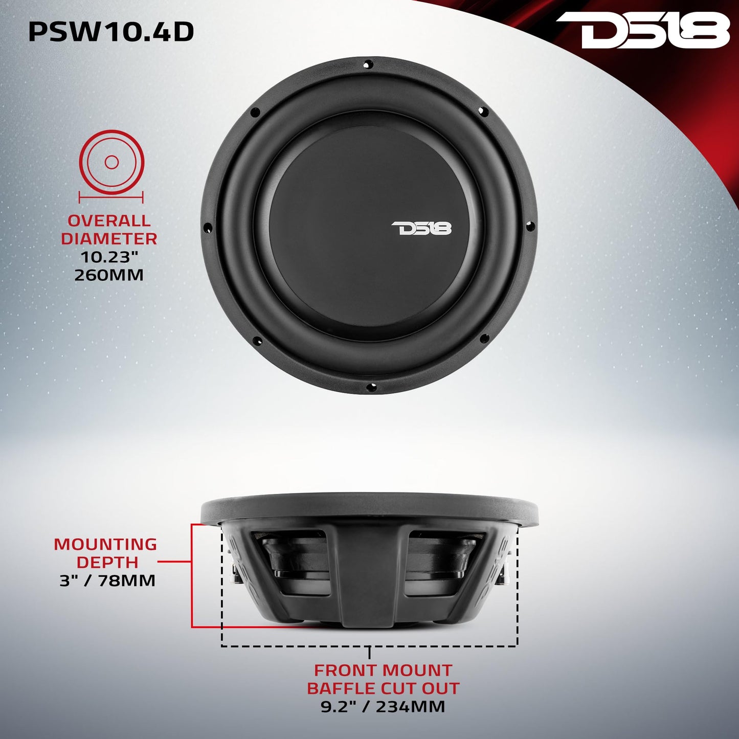 DS18 PSW10.4D - Subwoofer de montaje poco profundo de 10 pulgadas, 1000 vatios, potencia máxima de 500 vatios, bobina de voz dual RMS 4+4 ohms, resistente al agua, el mejor sub para espacios reducidos en coches y camiones - 1 altavoz
