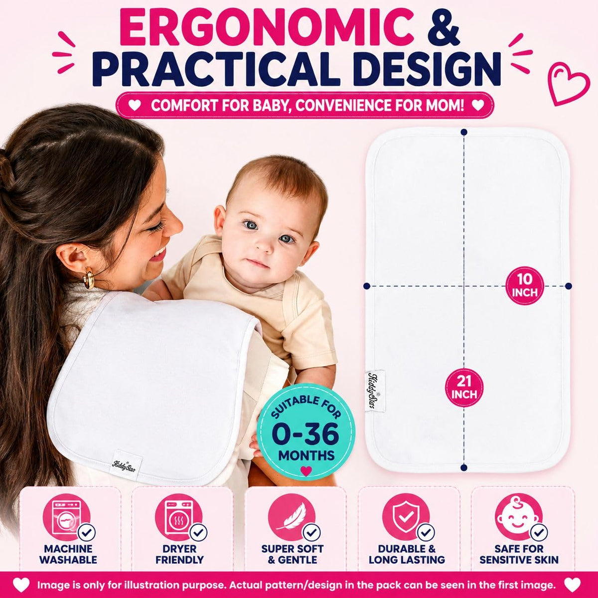 KiddyStar - Juego de 5 paños de algodón orgánico, Grandes, 53 x 25 cm, Triple Capa, Gruesos, Suaves y absorbentes, Color Blanco Liso para recién Nacidos, Regalo de Baby Shower para niños y niñas