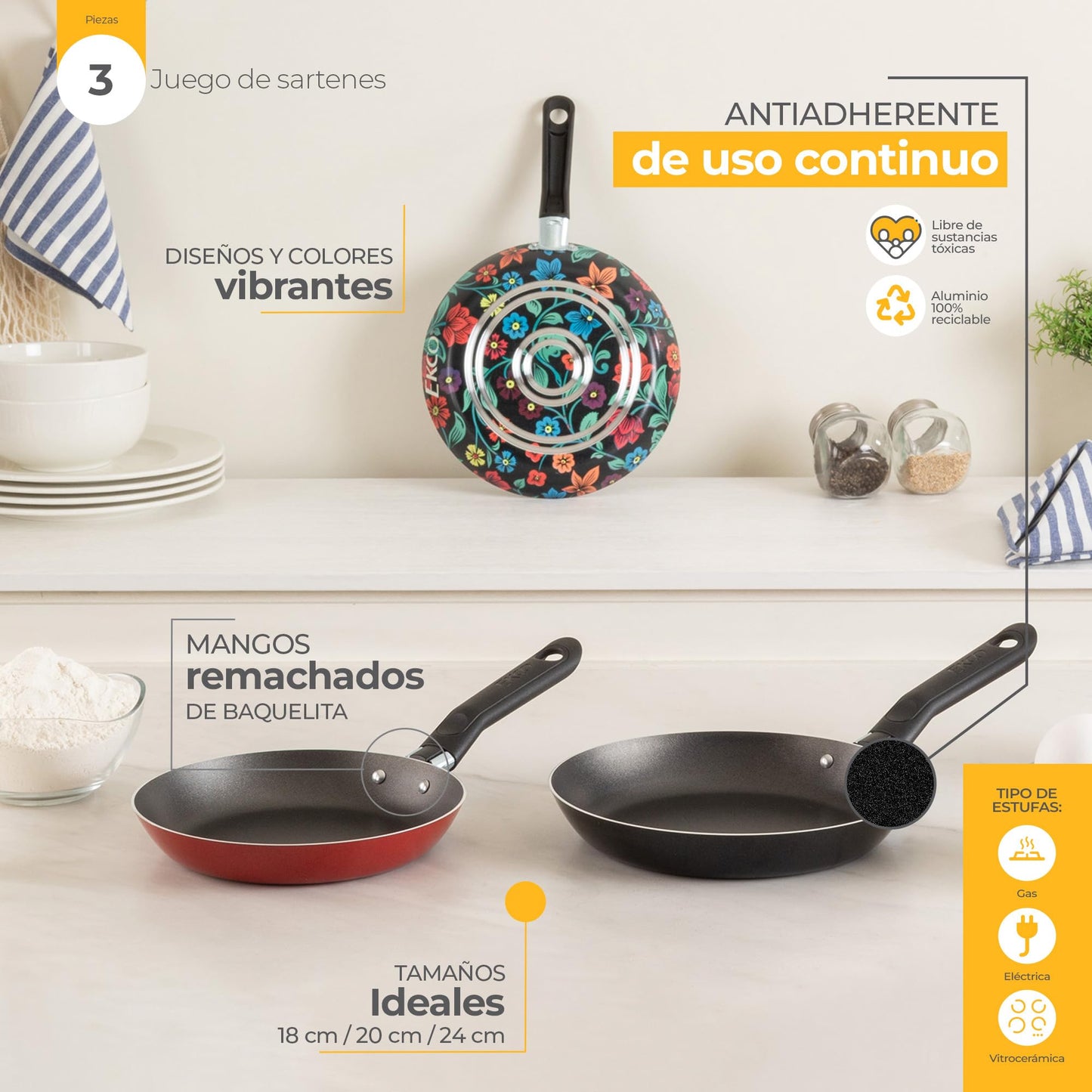 Juego de Sartenes Ekco Aluminio Antiadherente Origenes de 3 Piezas