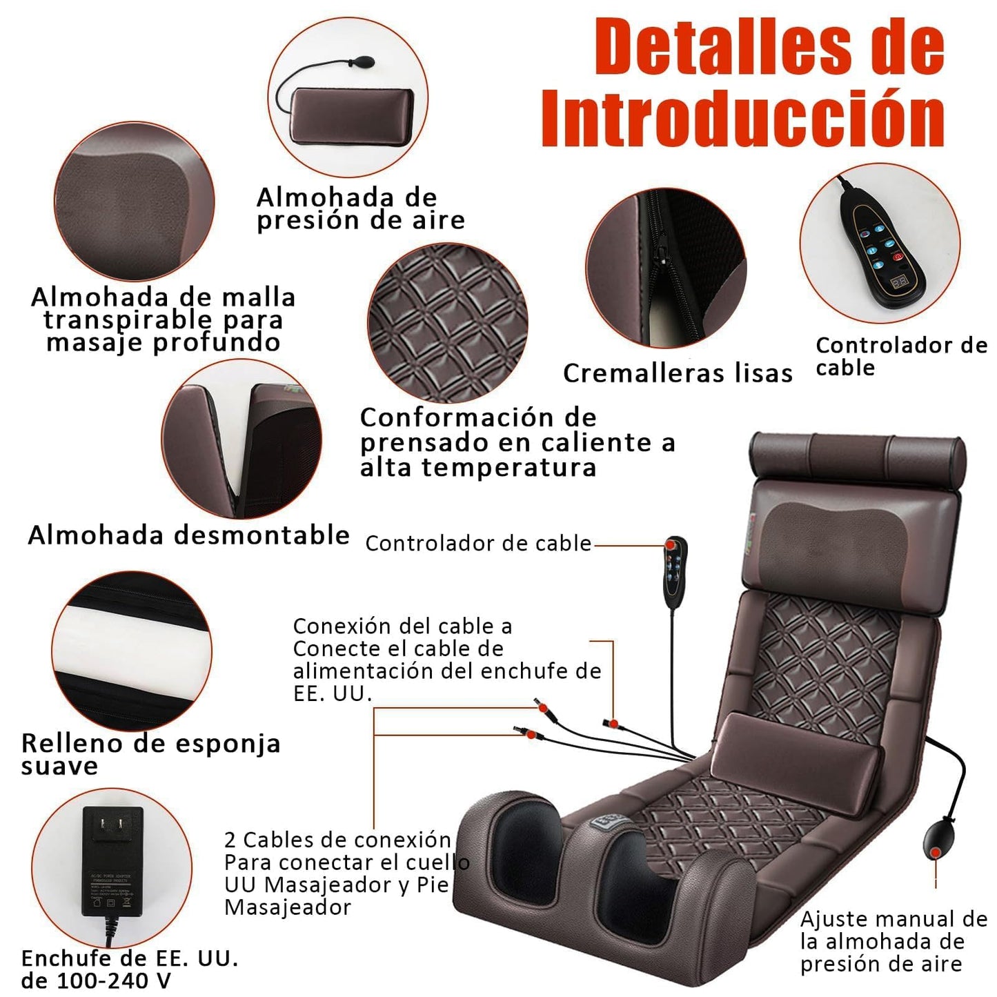 Mythya Cojín de Masaje Eléctrico, Masajeador de Cuerpo Completo, Colchoneta de Masaje con Calefacción, Almohadilla Masajeador de Espalda con Motores de Vibración, Máquina de Masaje de Piernas y Pies